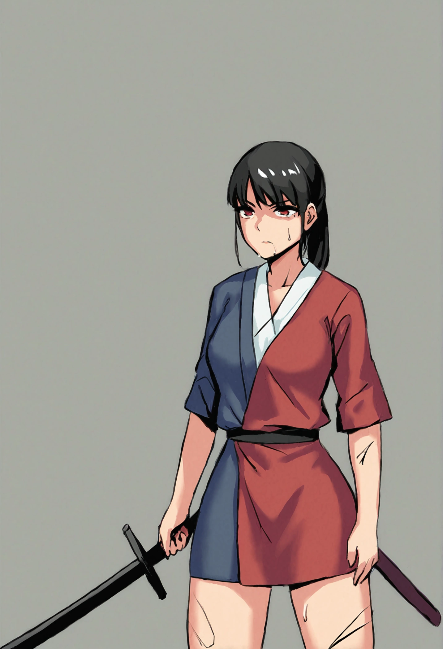 A cold girl with red eyes and black hair in a ponytail.no feelings and a murderous look in anime mode with a sword, with the wounded body