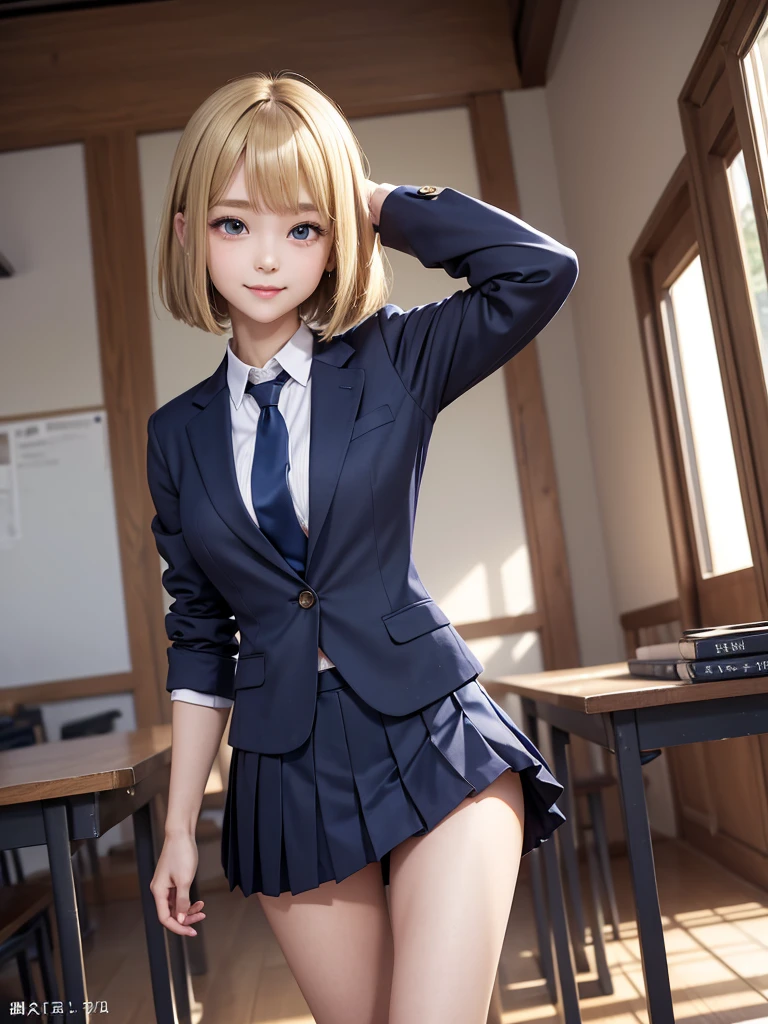 8k, Best Quality, The real picture, Intricate details, Very detailed, Ultra-high resolution, Depth Field, Tabletop, Full Body Shot, (1 girl), eye_Chan, so beautiful, innocent big eyes, Standing in a school classroom, ((Blonde)), ((Medium Bob Hair)), ((Detailed eyes)), ((smile)), ((Blue tie)), (Navy blue closed blazer))), ((Dark red pleated mini skirt)), Thighs, knees, Random pose，pretty girl，Slender girl