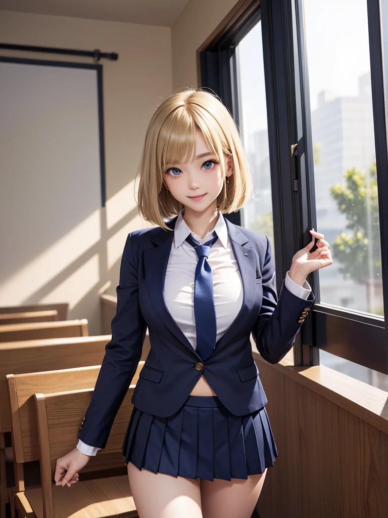 8k, Best Quality, The real picture, Intricate details, Very detailed, Ultra-high resolution, Depth Field, Tabletop, Full Body Shot, (1 girl), eye_Chan, so beautiful, innocent big eyes, Standing in a school classroom, ((Blonde)), ((Medium Bob Hair)), ((Detailed eyes)), ((smile)), ((Blue tie)), (Navy blue closed blazer))), ((Dark red pleated mini skirt)), Thighs, knees, Random pose，pretty girl，Slender girl