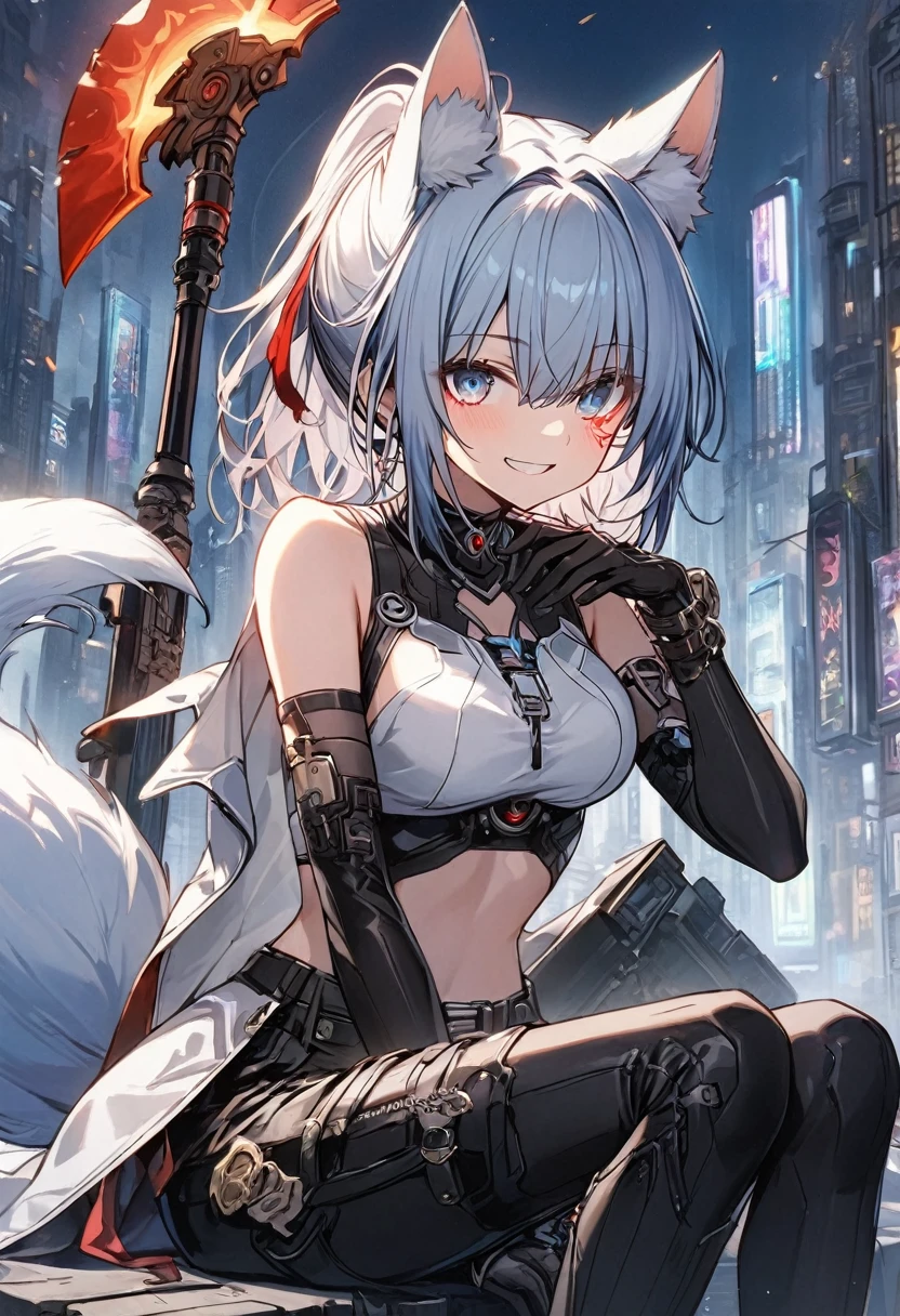 (masterpiece:1.2) (bestquality) highlydetailed, ultra-detailed, dark, (tanned skin) (blue color eyes)(silver hair) (short hair), (cat ears), (busty), (shy)