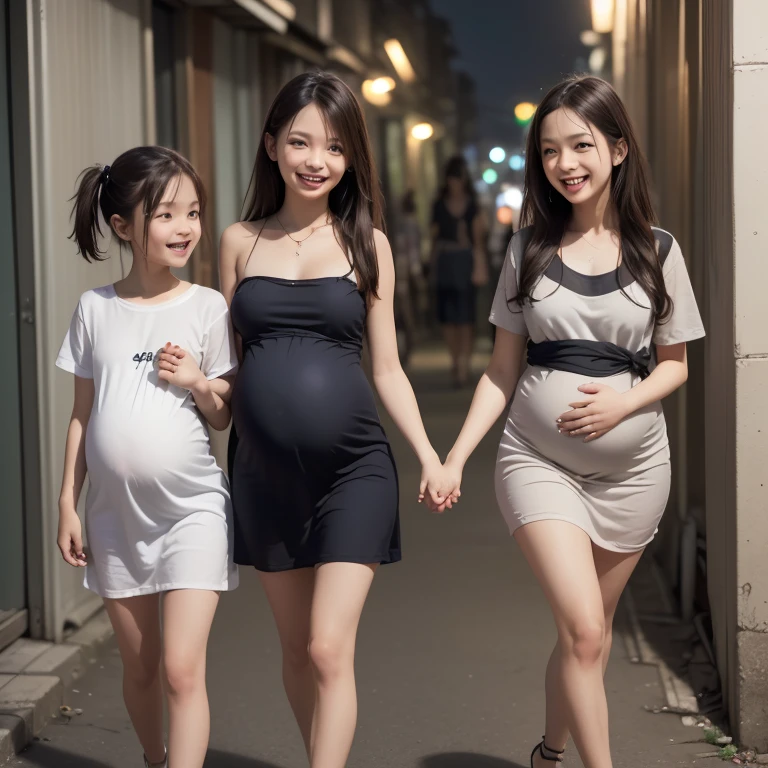 3girls,((((realistic very cute japanese Pregnant mothers are walking:1.5)))),((((holding hands with her small and young daughters and conversing while laughing out loud:1.5))))),((((they are anorexic girls:1.5)))),((((male fierce molesters are surrounding girl:1.8)))),4K, 8K, (Masterpiece, best quality:1.2),Very realistic eyes, perfect face,24years old,(((thin girl:1.5))),(((skinny girl:1.5))),(((slim girl:1.5))),((small girl)),((childish girl)),shinny white skin,Narrow waist,((wearing casual dresses)),dark brown semi long hair,In a dark back alley in an unsafe slum area,in the darkness late at night