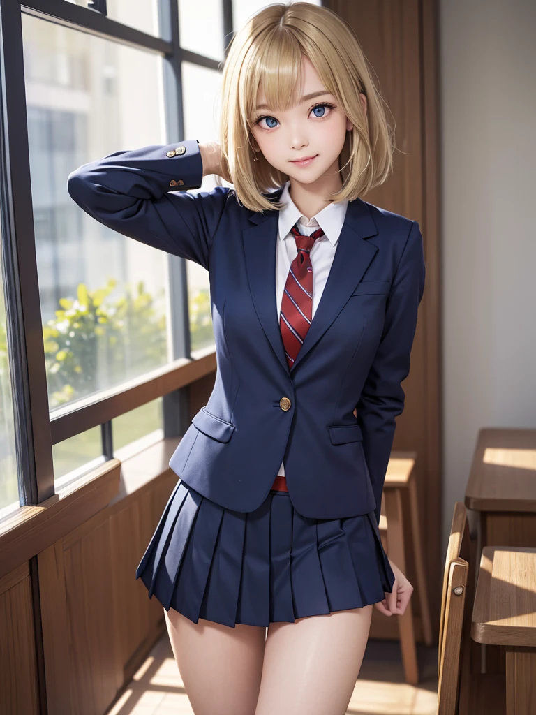 8k, Best Quality, The real picture, Intricate details, Very detailed, Ultra-high resolution, Depth Field, Tabletop, Full Body Shot, (1 girl), eye_Chan, so beautiful, innocent big eyes, Standing in a school classroom, ((Blonde)), ((Medium Bob Hair)), ((Detailed eyes)), ((smile)), ((Blue tie)), (Navy blue closed blazer))), ((Dark red pleated mini skirt)), Thighs, knees, Random pose，pretty girl，Slender girl