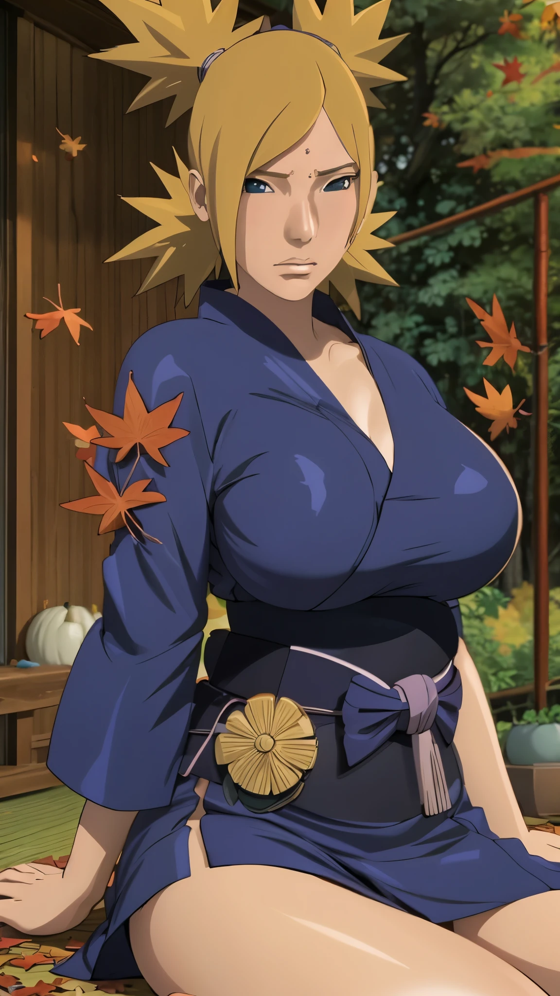 Masterpiece, absurderes , (Intricate details), (Colorful),Cinematic lighting,Bust Up Shot,Extremely detailed Cg Unity 8K wallpaper,Temari\(Boruto\), 1girll, Mature female,blue kimono, Sitting, Outdoors, (Falling leaves:1.3), Autumn leaves, (Autumn), Sunlight, Maple tree, parted lip,Wind, view the viewer, Temari\(Boruto\)，stooped，Hold your hands on the wall，Very sexy pose, (((Natural huge Tits))), (((RaikageArt Concept Model)))