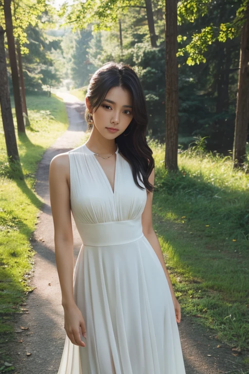 1girl, standing, in the park, draped (see-through:1.2) white dress, opulent golden-trim, detailed face, (looking at viewer:1.4), (young, short, cute:1.8), (breasts:1.2), delicate crystal necklace, waterfalls, surrounded by lush, vibrant greenery, blooming flowers, and softly glowing light, gentle smile, alluring peaceful posture, warm sunlight filtering through trees, ((soft, diffused lighting, high bloom, glowing light, soft highlights, radiant aura, overexposed edges, dreamy illumination, hazy glow, ethereal light:1.4), (subtle light flares:1.2), tranquil setting, vibrant colors, surreal, heavenly vibe, paradise-like environment, detailed textures, relaxing mood, close-up shot,