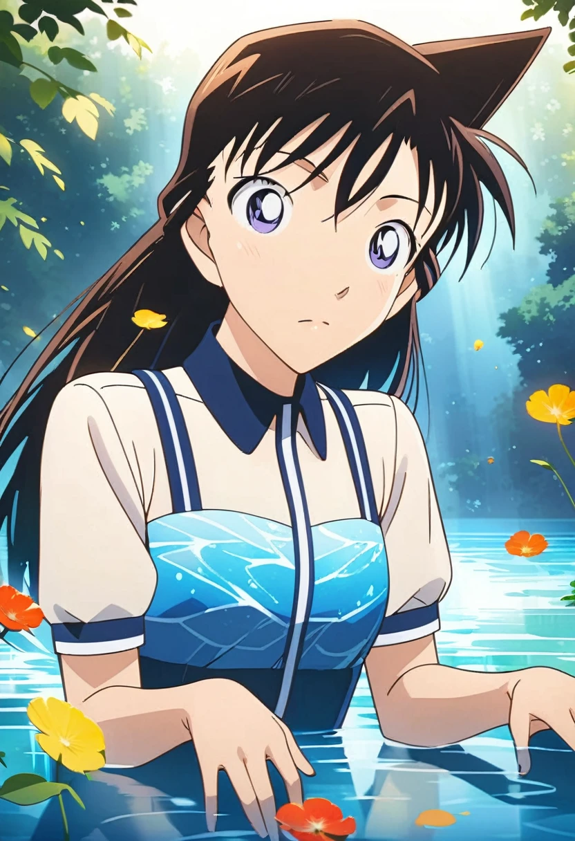 In this anime-style illustration, a girl with flowing black hair is depicted immersed in a crystal-clear body of water. The water exhibits a gradient effect, shifting from a deep sapphire blue to a bright sky blue, symbolizing purity and tranquility. The girl's pose is elegant and natural, her hair spreading out like soft clouds, blending harmoniously with the surrounding water currents.

The background may feature delicate light and shadow play, with sunlight piercing through the water's surface, creating a dappled pattern of light around the girl, adding depth and dimension to the scene. Her eyes might be gazing upwards, as if pursuing some distant dream. Her expression is gentle yet enigmatic, giving an impression of both strength and vulnerability. The artwork employs highly saturated colors while maintaining a balance among them, making the entire scene appear both dreamlike and realistic.

Such a piece not only demonstrates the artist's mastery over color and lighting but also conveys a peaceful and hopeful emotional atmosphere.