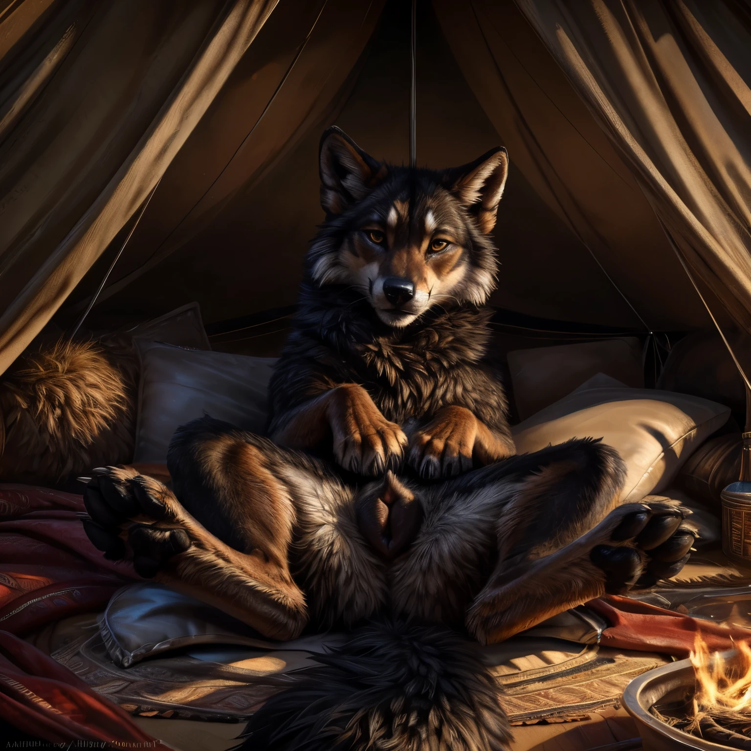 (by taran fiddler), (by zaush), (A strong male anthropomorphic hyena chief, has sex with a feline cub boy in a tribal tent.), gay sex, male/male, size different, age difference, cum, butt, rape