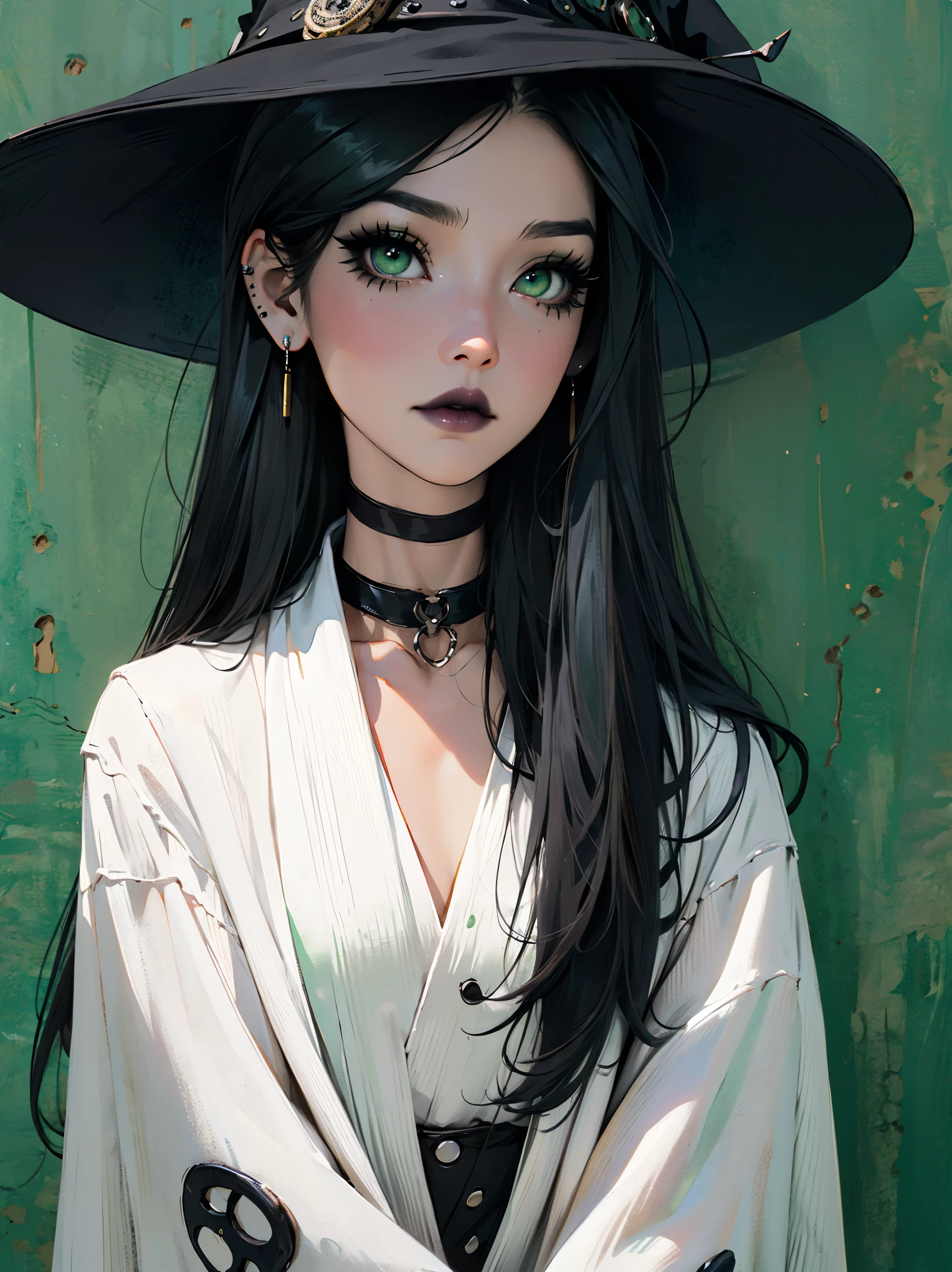 slender beautiful girl, emo_hairstyle,), (steampunk witch, witch hat, gothic), black tie, ((long hair)), ((straight hair)), (((black hair))), side swept bangs, white skin, pale, white, (green eye), tired expression, choker, ((dark makeup, mascara, eyeshadow)), multiple piercings, best quality, 8k, , erotic, , (goth steampunk)