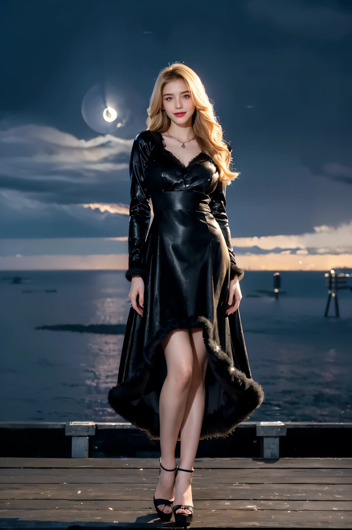 (Canon RF85mm f/1.2), (8k, RAW images, ultra high quality:1.4), (Excellent piece of work), (realistically, photograph realistically), (High level details, High Detail, Best image quality, Very detailed, high resolution, Very detailed, Very detailed details, ภาพวาดHigh Detail, An extremely delicate and beautiful work.), Beautiful Detailed Girl, Single girl, (Tall girl 1m80), ((Perfect figure)), Very detailed eyes and face, White skin, Noble beauty, ((Skin Details, Porous)), Perfect anatomy, The whole body is beautiful and delicate., Delicate face, (Slim belly, Thin waist, large hip), (medium breasts, Bloated chest), (Cliffwave:1.3), (Lovely eyes, Eyes full of emotion, glowing eyes), (Fluffy bangs), (smile:1.2), (Fascinating expression), (Fascinating appearance), ((Elegant long blonde dress:1.4)), ((Black open chest fur coat)), ((high-heels, earring, Lace necklace)), ((nighttime)), Physical image generation, แสงไฟที่realistically, (((Full body:1.3))), ((Look at the audience:1.3)), ((Standing on a high place, Wide view, under nighttime sky, black clouds, moonlight:1.4))