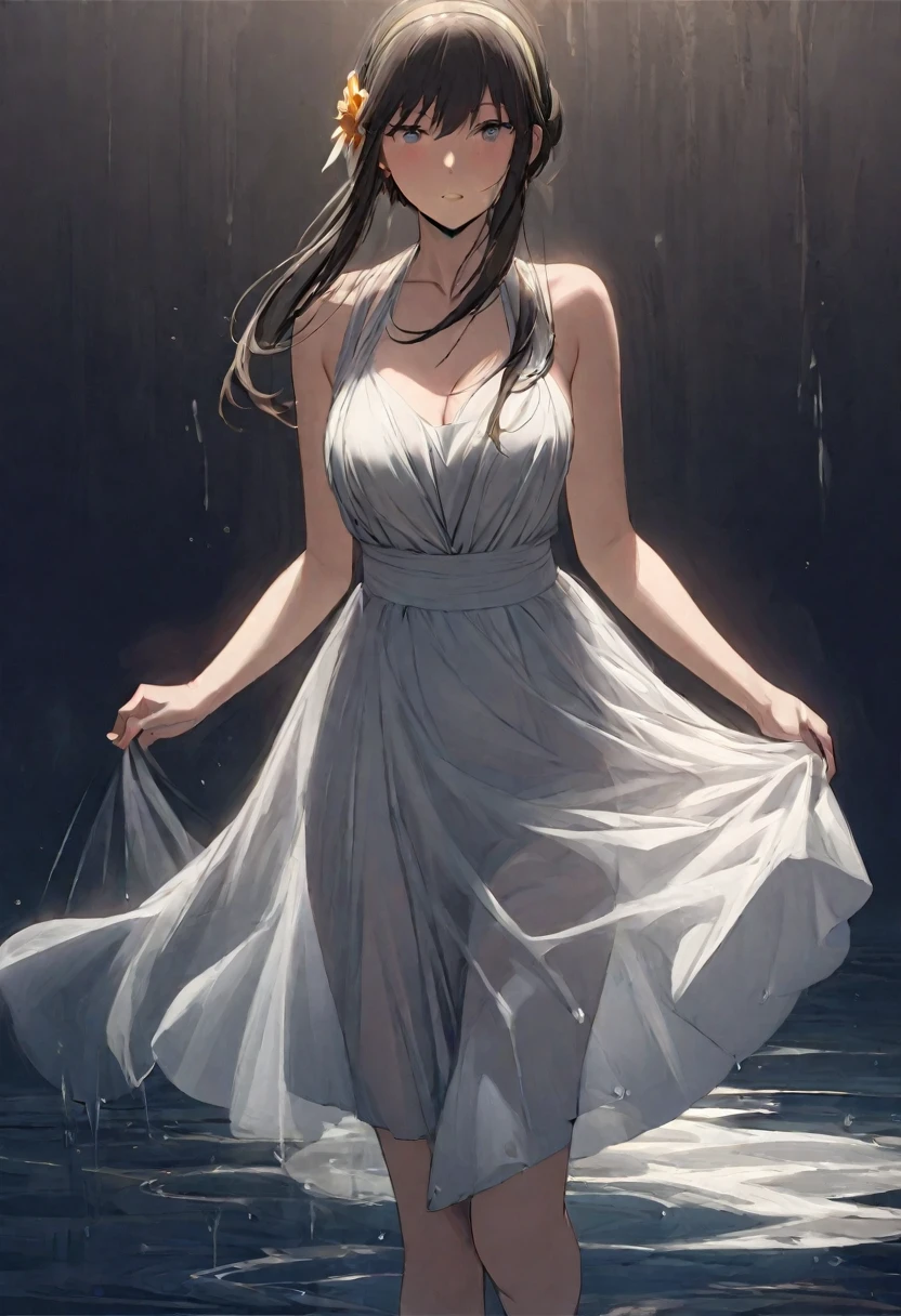 In this anime-style illustration, a girl with flowing black hair is depicted immersed in a crystal-clear body of water. The water exhibits a gradient effect, shifting from a deep sapphire blue to a bright sky blue, symbolizing purity and tranquility. The girl's pose is elegant and natural, her hair spreading out like soft clouds, blending harmoniously with the surrounding water currents.

The background may feature delicate light and shadow play, with sunlight piercing through the water's surface, creating a dappled pattern of light around the girl, adding depth and dimension to the scene. Her eyes might be gazing upwards, as if pursuing some distant dream. Her expression is gentle yet enigmatic, giving an impression of both strength and vulnerability. The artwork employs highly saturated colors while maintaining a balance among them, making the entire scene appear both dreamlike and realistic.

Such a piece not only demonstrates the artist's mastery over color and lighting but also conveys a peaceful and hopeful emotional atmosphere.