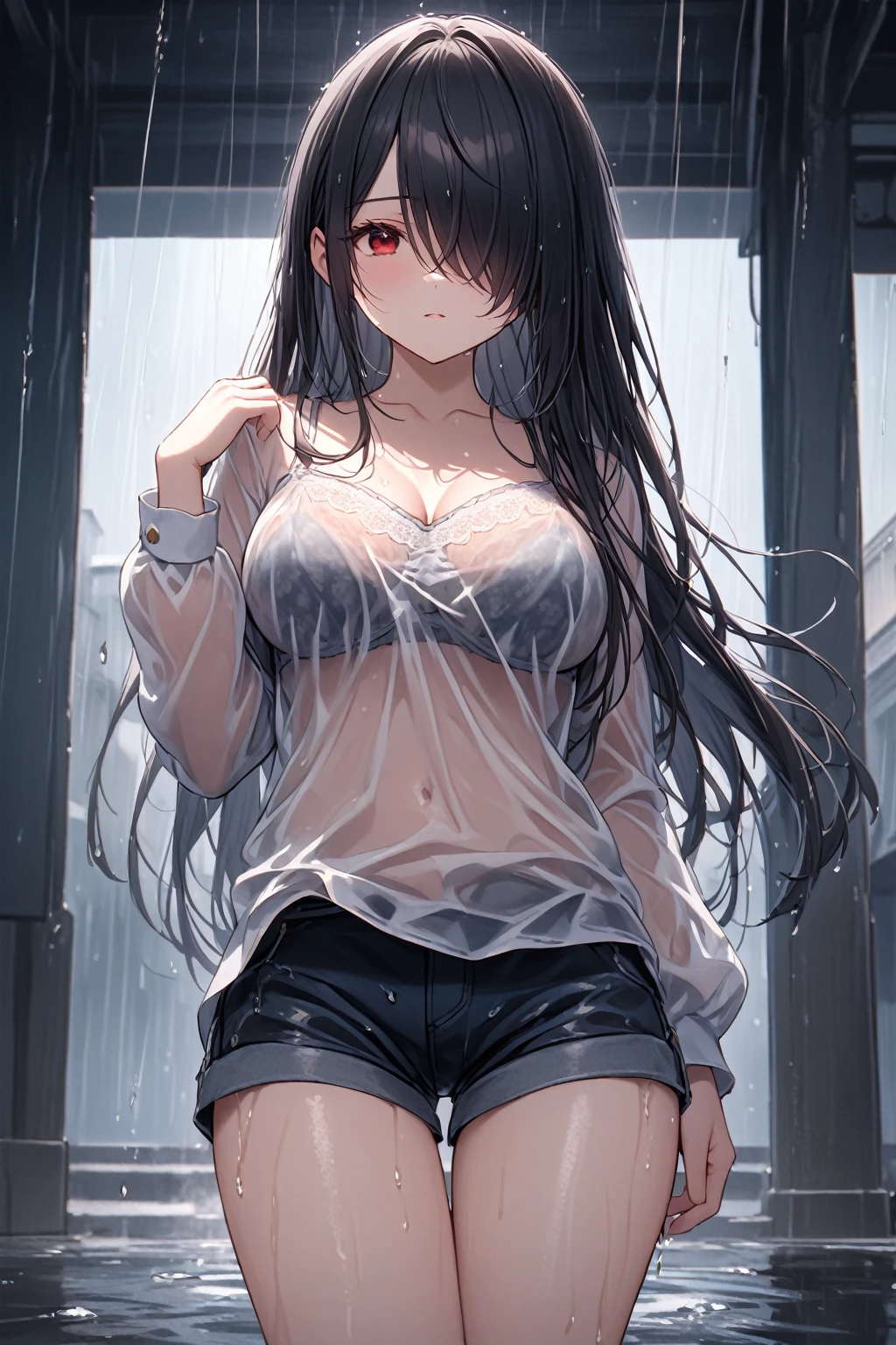 Full Body Portrait, 1girl, Solo, Looking at viewer, Shy, Cute, Red Eyes, Empty Eyes, Expressionless Eyes, Black Hair, Very Long Hair, Straight Hair, ((Hair Over One Eye, Swept Bangs:1.5)), Petite, Large breasts, Pale Skinned, Slender, Curvy, (Long Sleeves, Grey Top, Shorts, wet clothes, Bra see-through clothes), Standing, Raining, Outside, Cinematic Lighting, Masterpiece, 4K, Best Quality, High Resolution, Accurate, Award Winning, (SuperQuality:1.0) ~ (SuperQuality:1.2)