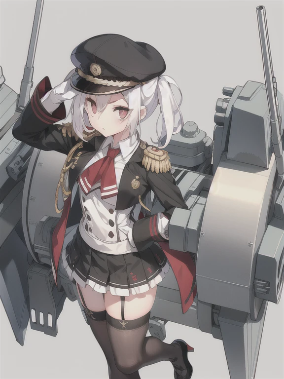 Vittorio_Veneto \(warship girls r\),((masterpiece)),(((best quality))),((ultra-detailed)),((illustration)),((disheveled hair)),((frills)),(1 girl),(solo),medium [[[large]]] breasts, twintails, military uniform, dark grey shirt, collared shirt, dark beret, epaulettes, jacket, long sleeves, red neckerchief, pleated grey skirt, white gloves,{{{game cg}}}, year 2023, ,kashimadef,twintails,grey hair,(masterpiece:1.4),(best quality:1.4), (amazing), (great illustration:1.4), (ultra-detailed:1.4), (art CG, 8K),1girl solo,salute self,standing,Headquarters,woody,ponytail,hair tying,Double tail,Red eyes with highlights,White short hair(delicate eyes),twintails,