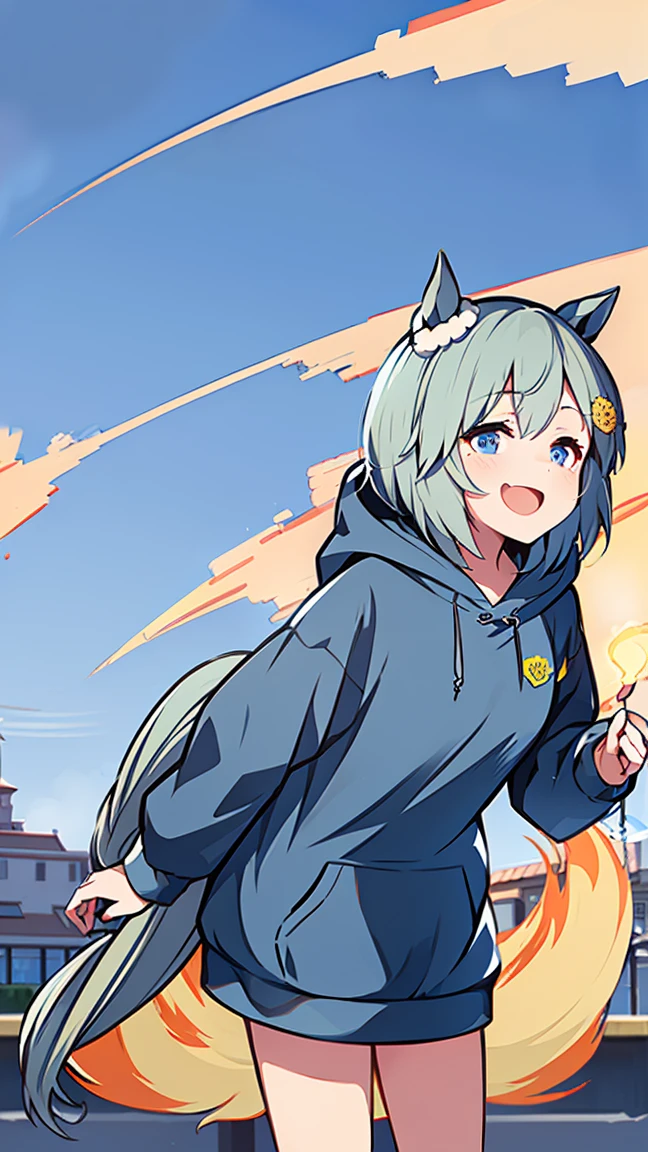 1 Girl, teenager, (Animal ears), straight on, whole body, Looking at the audience, Hair between the eyes, Hair accessories, Colorful hair, Double braid, Fox Tail, (Multi-tail:1.3), badge, Bangs, (Blue baseball cap:1.2), Clothes Writing, White clothes, hood, hood down, permanent, Long sleeve, Shut up, (Blue Skirt:1.05), Solitary, (faint blush:0.9), bare tree, architecture, City, Cityscape, sky, outdoor, s tree t,
