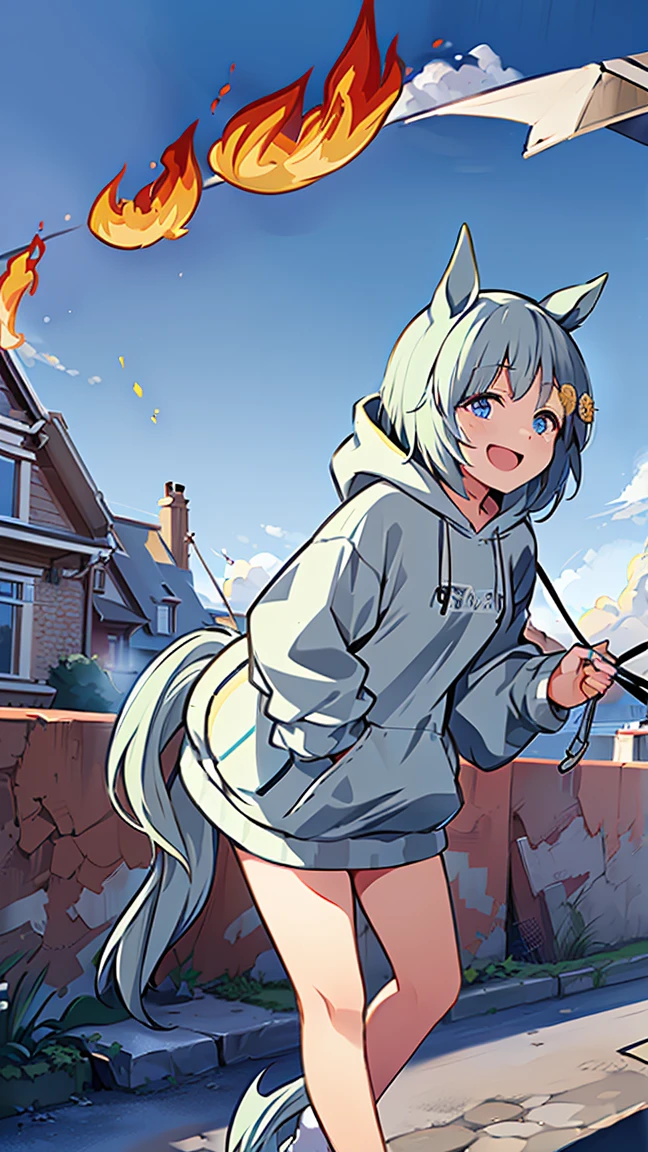 masterpiece, Best Quality, High resolution, Very detailed,(((Seiun Sky))), (((Horse Girl))), (((hoodie))), (((Standing at a distance))), (((Facing forward。))), (((Around town))), (((Against the backdrop of blue sky))), (((Laughing。))), (((Controlling the flames))),