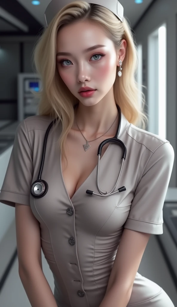 top-quality、8K、32K、masterpiece、nffsw:1.2)、Photo of beautiful american woman、 1 人、(long blonde curly hair)、(Colossal tits)、二重まぶた、White nurse uniform、Little White Nurse (caps) 、open-shirt、hospitals、Hospital Room、A sexy、taken from the under、