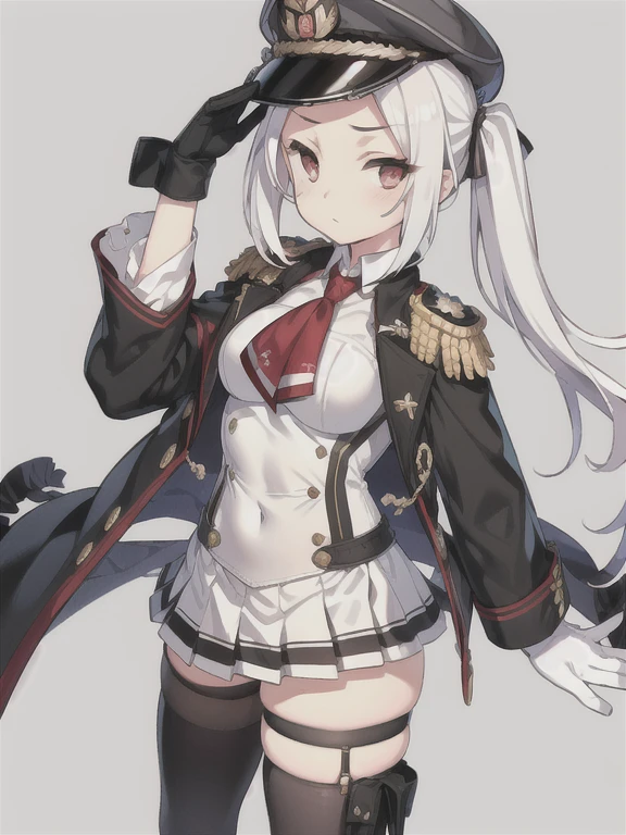 Vittorio_Veneto \(warship girls r\),((masterpiece)),(((best quality))),((ultra-detailed)),((illustration)),((disheveled hair)),((frills)),(1 girl),(solo),medium [[[large]]] breasts, twintails, military uniform, dark grey shirt, collared shirt, dark beret, epaulettes, jacket, long sleeves, red neckerchief, pleated grey skirt, white gloves,{{{game cg}}}, year 2023, ,kashimadef,twintails,grey hair,(masterpiece:1.4),(best quality:1.4), (amazing), (great illustration:1.4), (ultra-detailed:1.4), (art CG, 8K),1girl solo,salute self,standing,Headquarters,woody,ponytail,hair tying,Double tail,Red eyes with highlights,White short hair(delicate eyes),twintails,