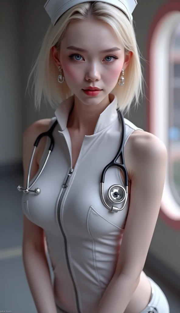 delicate, masterpiece, beautiful detailed, best quality, a woman, young, correct anatomy, long hair, white hair, red eyes, perfectly detailed, large breasts, thin waist, white coat, medical, simple background, dark background, hospital, medical