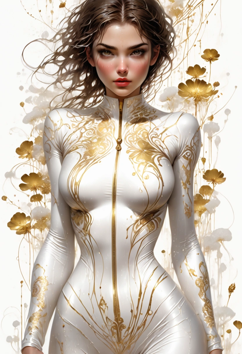 A beautiful young woman, body in (((body dressed in tight-fitting wet white clothes with gold patterns, narrow waist, ))), holding a dandelion in her hands, dandelion seeds scatter over this volume, high detail, Harrison Fisher image style, big eyes, big plump lips, locks of brown hair fly apart In the wind, a complex floral background