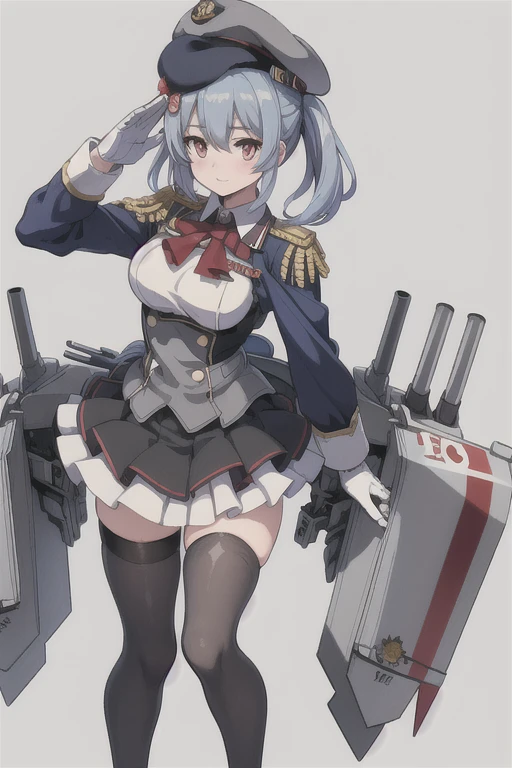 prinz eugen \(warship girls r\),((masterpiece)),(((best quality))),((ultra-detailed)),((illustration)),((disheveled hair)),((frills)),(1 girl),(solo),medium [[[large]]] breasts, twintails, military uniform, dark grey shirt, collared shirt, dark beret, epaulettes, jacket, long sleeves, red neckerchief, pleated grey skirt, white gloves,{{{game cg}}}, year 2023, ,kashimadef,twintails,(masterpiece:1.4),(best quality:1.4), (amazing), (great illustration:1.4), (ultra-detailed:1.4), (art CG, 8K),1girl solo,salute self,standing,Headquarters,woody,ponytail,hair tying,Double tail,Red eyes with highlights,Blue short hair(delicate eyes),twintails,

