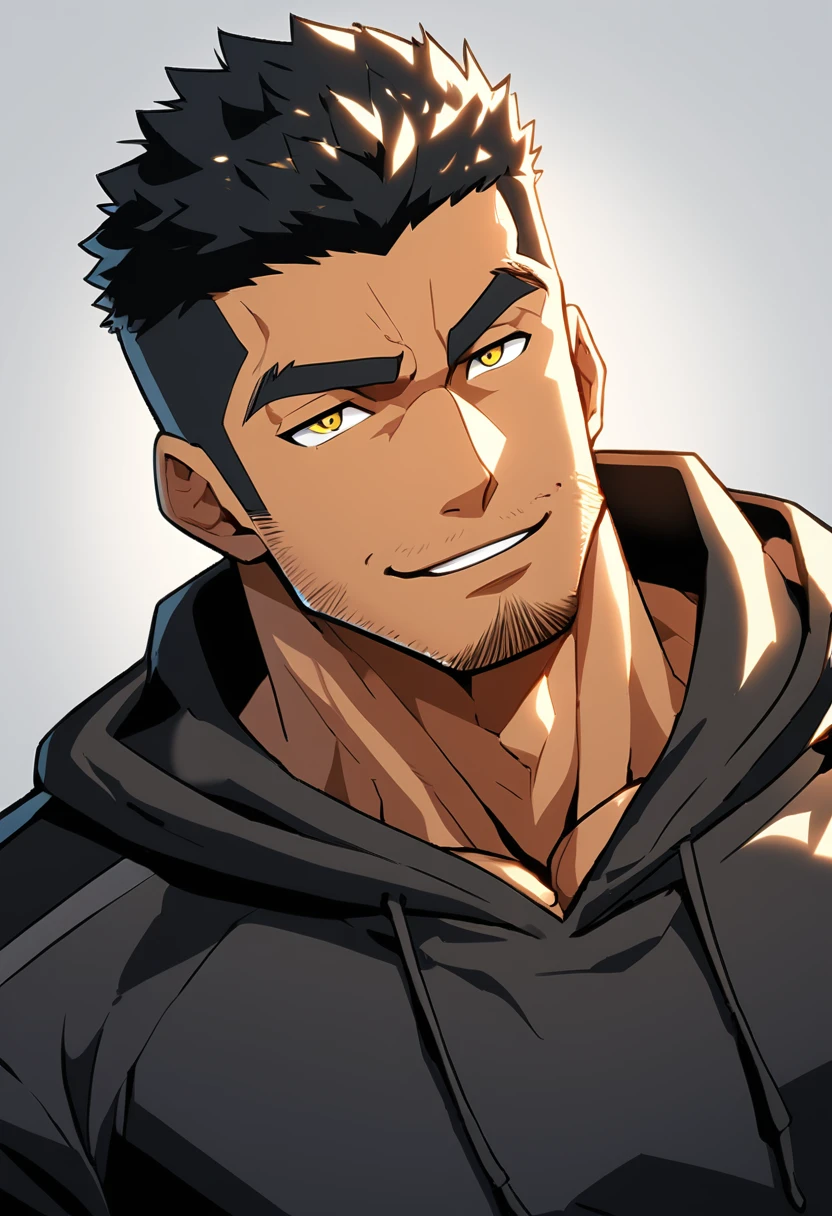 anime characters：Gyee, Young Muscle Sports Sexy Teacher, negro black skin, Manliness, male focus, Dark red long-sleeved hooded sweatshirt, Very tight, muscular male, muscular, only, Upper body, alone, Black short hair, Thick eyebrows, stubble, Yellow eyes, Grey background, simple background, amazing quality, best aesthetics, Ridiculous, bright pupils, crew cut, parted lips, seductive smile, torogao, naughty face, best quality