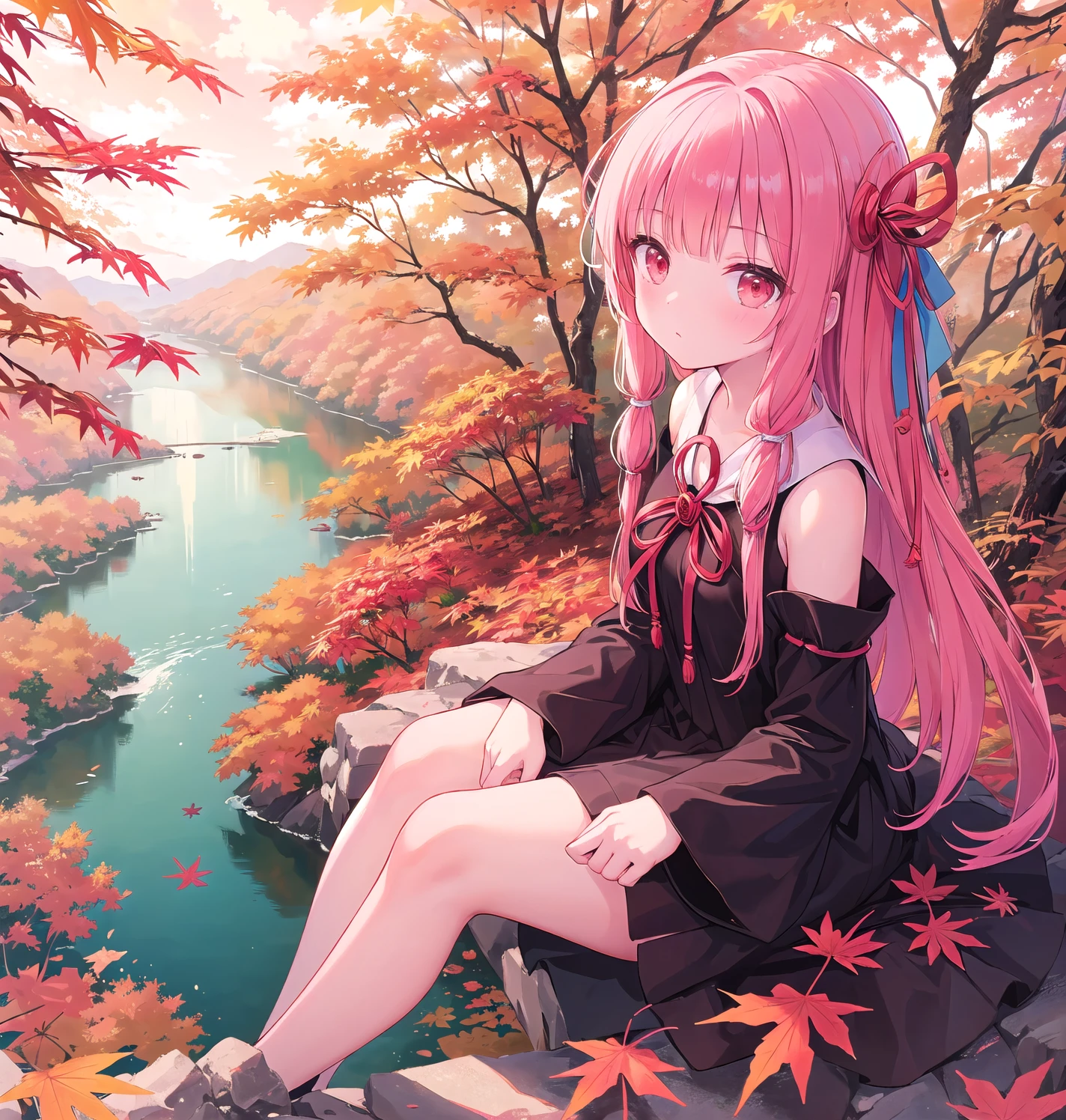 (masterpiece of the highest quality:1.2), One person,((hair ribbon:1.2)),Kotonoha Akane,Perfect composition,Shoot from above:1.2,magnificent panorama view:1.3,((autumn maple forest:1.2)),lake,Cinema Lighting,Black Dress,Wide sleeves,Shoulder out,In Nature,sit,Pink Hair,