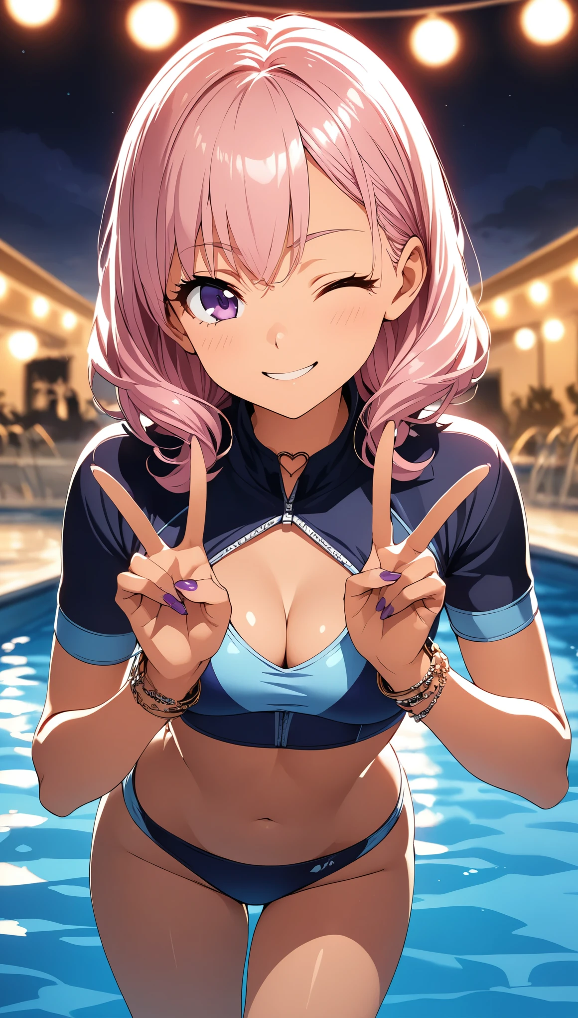 Tanned swimsuit girl, Light pink hair, Purple Eyes, One eye closed, Wink, bikini, Mid-chest, Rash guard, Heart Choker, bracelet, Purple Nails, sexy, Night pool environment, Staring at the audience、smile, V above the eyes, Shallow depth of field, Background Blur, Tempting, (Best Quality:1.2, Very detailed, Anime Style, Detailed CG illustration, Ultra-high resolution, High Contrast, masterpiece:1.2, Best aesthetics), Visual Arts, Five fingers, Perfect hands.