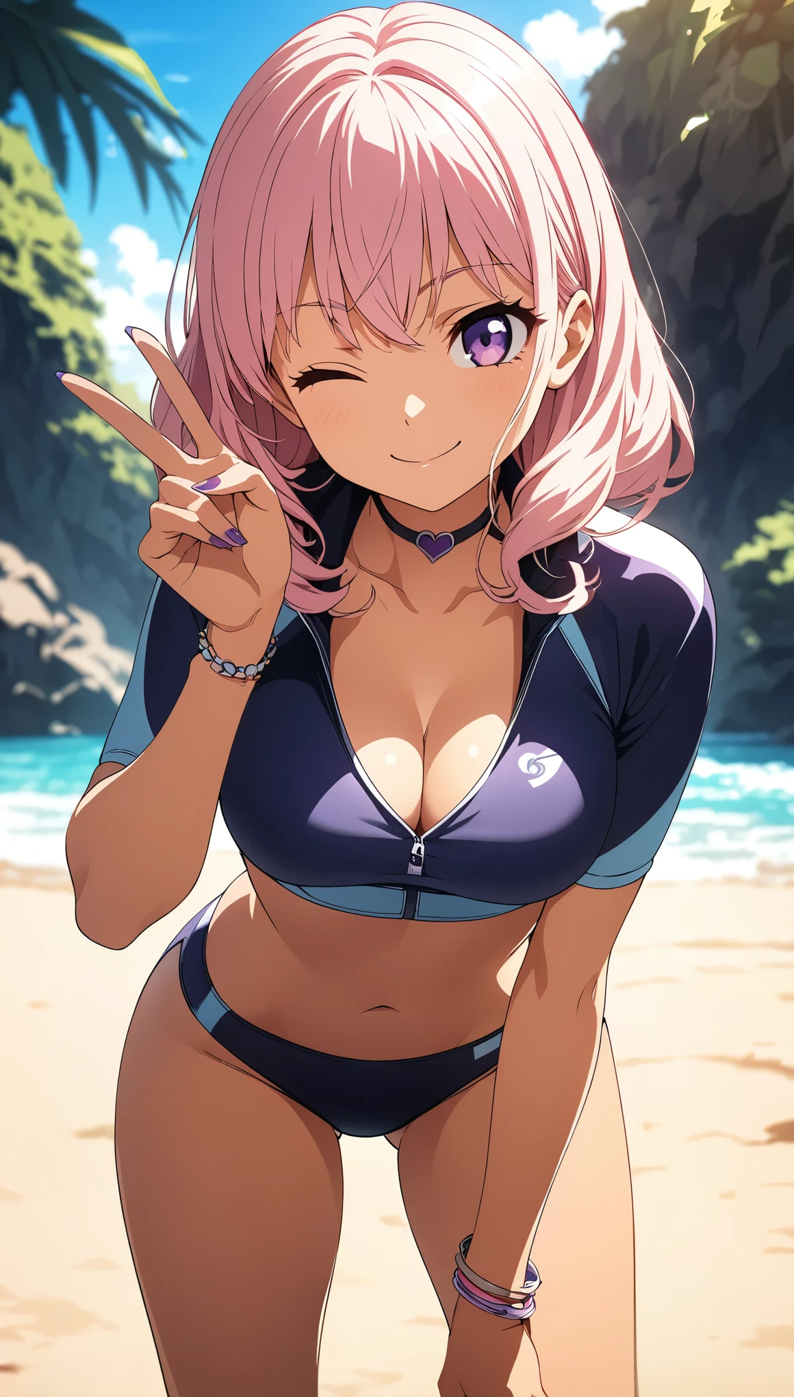 Tanned swimsuit girl, Light pink hair, Purple Eyes, One eye closed, Wink, bikini, Mid-chest, Rash guard, Heart Choker, bracelet, Purple Nails, sexy, Tropical coastal environment, Staring at the audience, Crouch down, smile, V above the eyes, Shallow depth of field, Background Blur, Tempting, (Best Quality:1.2, Very detailed, Anime Style, Detailed CG illustration, Ultra-high resolution, High Contrast, masterpiece:1.2, Best aesthetics), Visual Arts, Five fingers, Perfect hands.