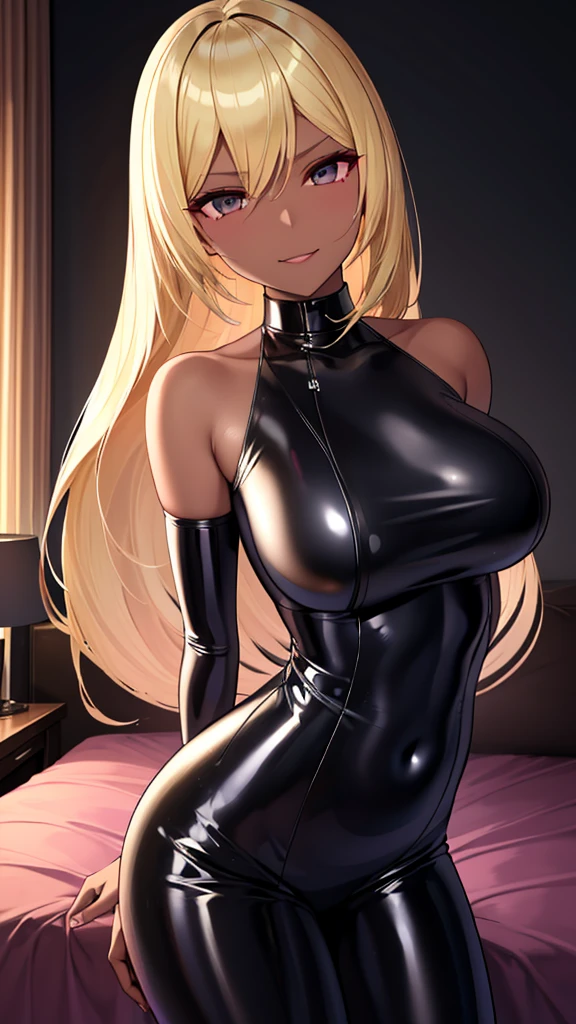 Erotic、Lusamine、Blonde、tall、Big Breasts、Blue Archive、Dark brown skin、Brown Skin、A navy blue shiny latex sweatsuit　Pink Line、Evil Warrior、sexy、An evil, mocking smile、tall、adult、lure、Alluring、Pitch black background、Dark bedroom at night、Fall into Darkness、Fallen into evil、Upper Body