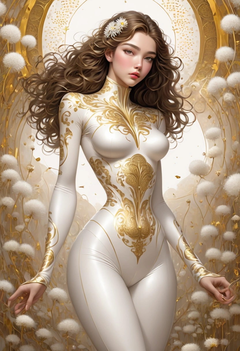 A beautiful young woman, a body in (((the body is dressed in tight-fitting white clothes with gold patterns, a narrow waist, ))), holds a golden dandelion in her hands, dandelion seeds scatter over this volume, high detail, Harrison Fisher's image style, big eyes, big plump lips, locks of brown hair fly apart In the wind, a complex floral background