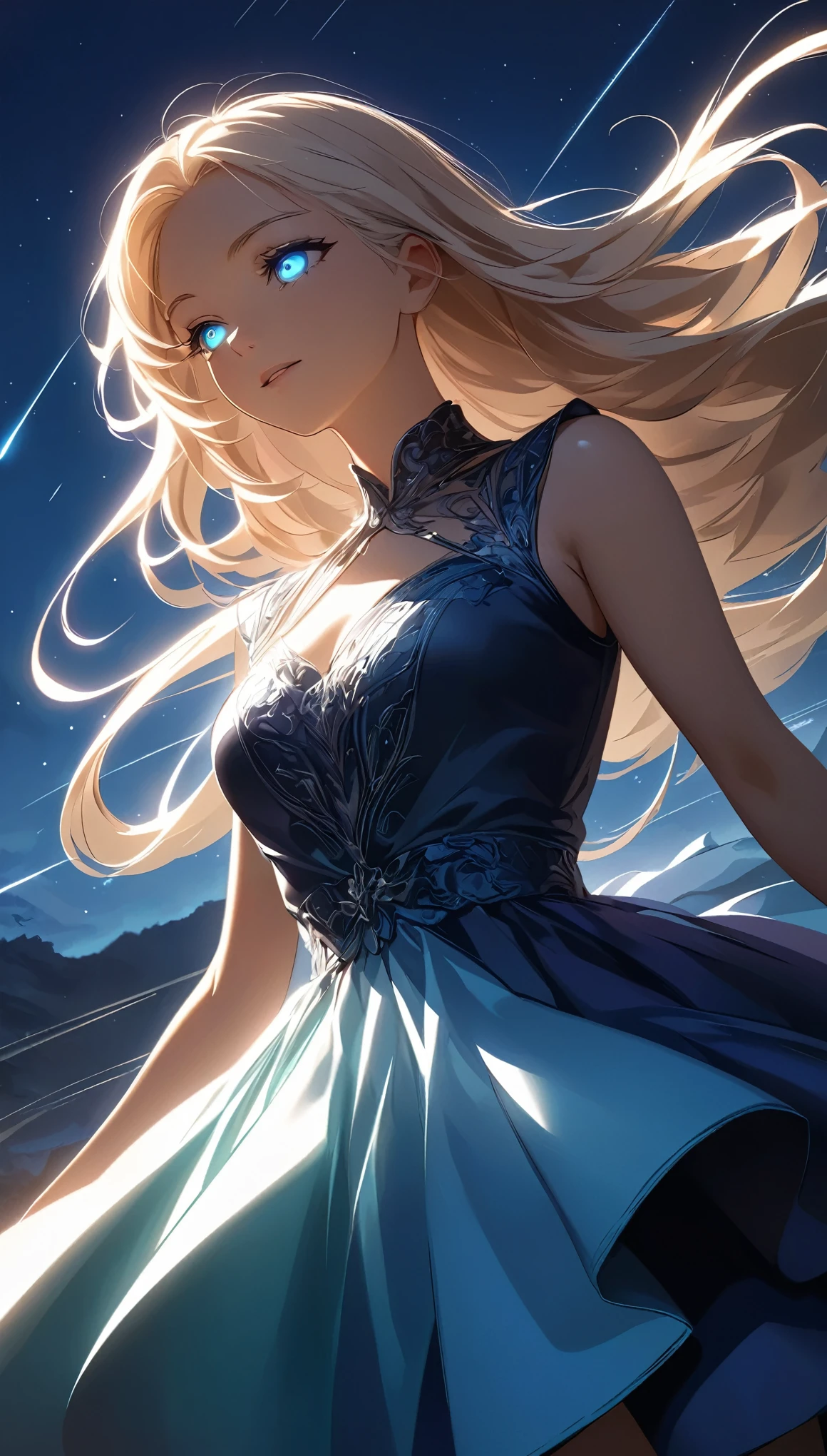 Meteor Showerを見上げる少女:1.2, Intricate details, Very detailed, Dramatic lighting, Shining Eyes, Detailed facial features, Flowing Hair, Glamorous Dress, Mysterious atmosphere, Meteor Shower, Night Sky, (Fluttering in the wind), Swoop, View from below, Fantasy, Dramatic lighting, Volumetric lighting, movie, Chiaroscuro, Dramatic Shadows, Moody, A calming color palette, Chiaroscuro, Blue Hour, (Best Quality:1.2, Very detailed, Anime Style, Detailed CG illustration, Ultra-high resolution, High Contrast, masterpiece:1.2, Best aesthetics).