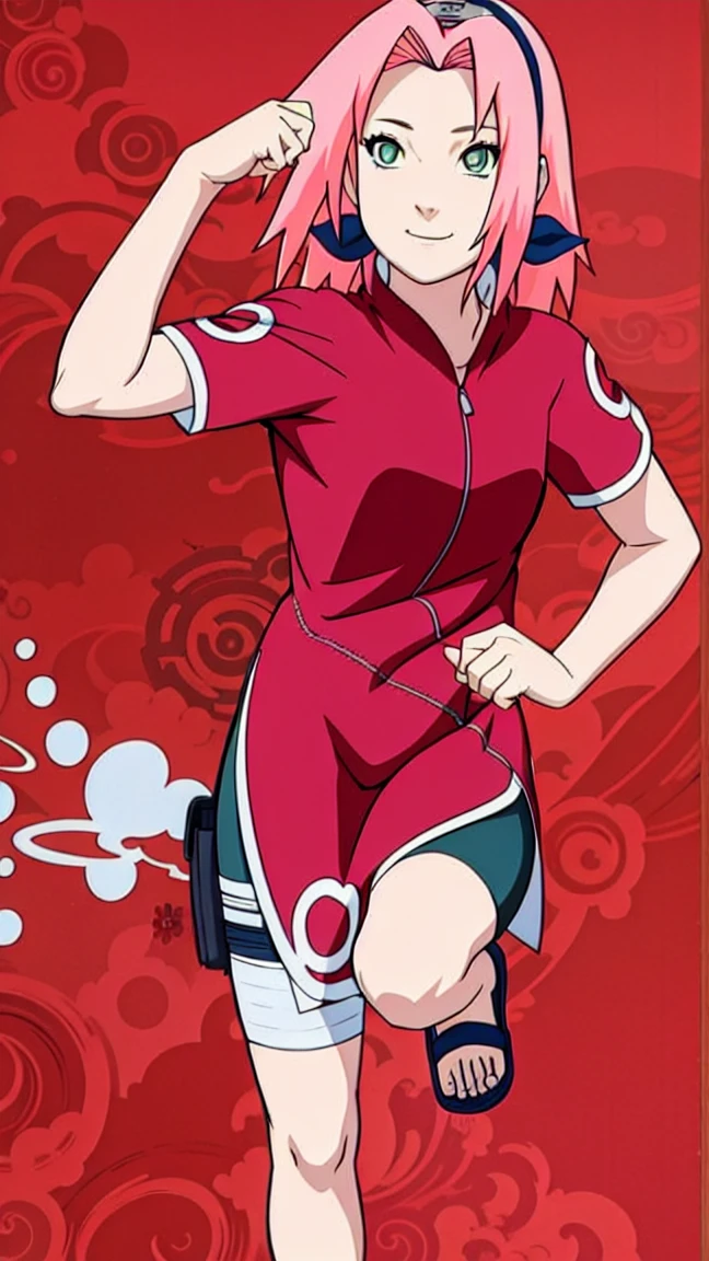 masterpiece, best quality, 1girl,haruno sakura, pink hair, long hair, green eyes, bottomless, pussy, beautiful legs, beautiful body, full body, looking at viewer, sketch, smile, solo,Sakura wears a red qipao dress, short sleeves, with slits along the sides accompanied by a zipper and white circular designs. She also wears a shuriken holster around her right thigh, blue sandals, hairband 