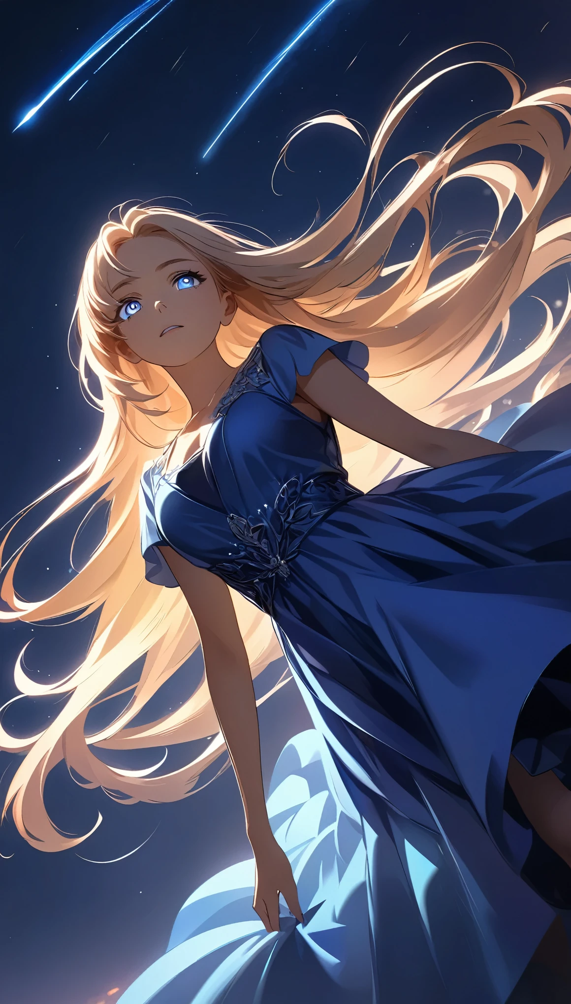 Meteor Showerを見上げる少女:1.2, Intricate details, Very detailed, Dramatic lighting, Shining Eyes, Detailed facial features, Flowing Hair, Glamorous Dress, Mysterious atmosphere, Meteor Shower, Night Sky, (Fluttering in the wind), Swoop, View from below, Fantasy, Dramatic lighting, Volumetric lighting, movie, Chiaroscuro, Dramatic Shadows, Moody, A calming color palette, Chiaroscuro, Blue Hour, (Best Quality:1.2, Very detailed, Anime Style, Detailed CG illustration, Ultra-high resolution, High Contrast, masterpiece:1.2, Best aesthetics).