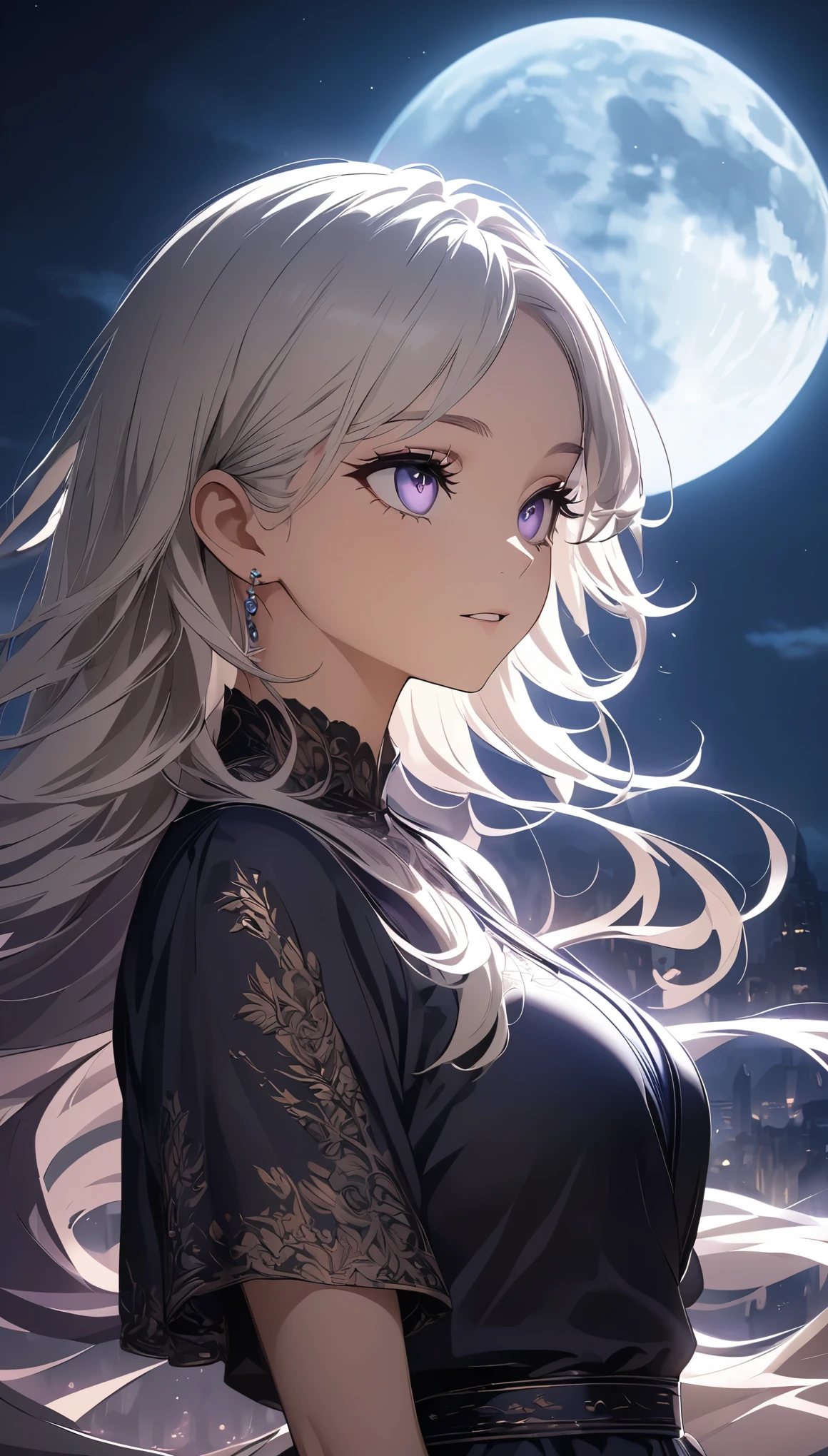 Meteor Showerを見上げる少女:1.2, Intricate details, Very detailed, Dramatic lighting, Shining Eyes, Detailed facial features, Flowing Hair, Glamorous Dress, Mysterious atmosphere, Meteor Shower, Night Sky, (Fluttering in the wind), Swoop, View from below, Fantasy, Dramatic lighting, Volumetric lighting, movie, Chiaroscuro, Dramatic Shadows, Moody, A calming color palette, Chiaroscuro, Blue Hour, (Best Quality:1.2, Very detailed, Anime Style, Detailed CG illustration, Ultra-high resolution, High Contrast, masterpiece:1.2, Best aesthetics).