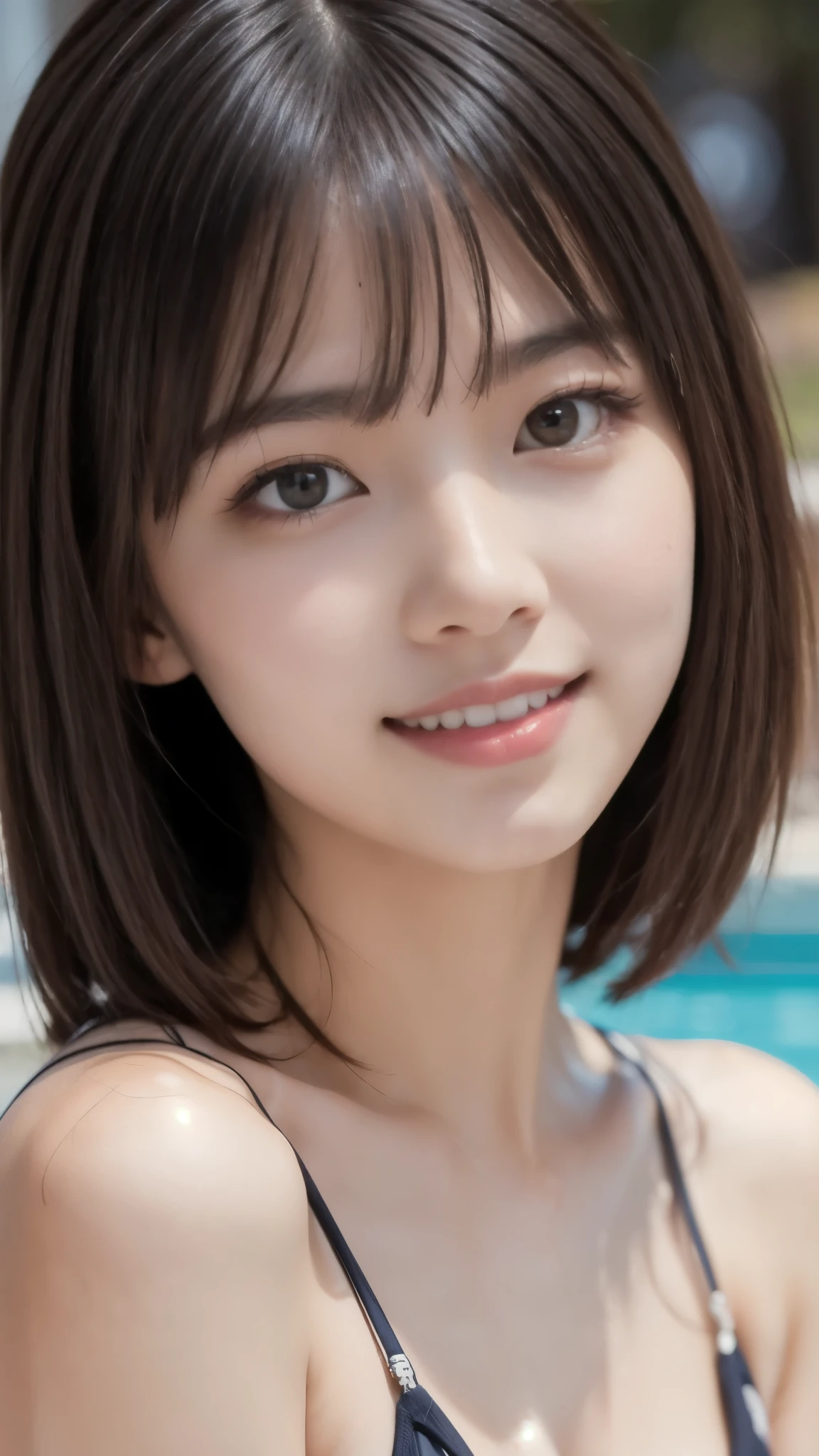 8k、Best Quality、(Representative works:1.2)、(Genuine)、(Genuine:1.37)、Ultra-high resolution、One female university student、Droopy eyes、Beautiful teeth alignment、Looking up from below、Well-formed fingers、Long Bob Hair、Pool、(bikini)、Big Breasts、Perfect body、Perfect fingers、Beautiful Skin、Professional Writing、gravure、Detailed face and skin texture、Microparticles、RAW Photos