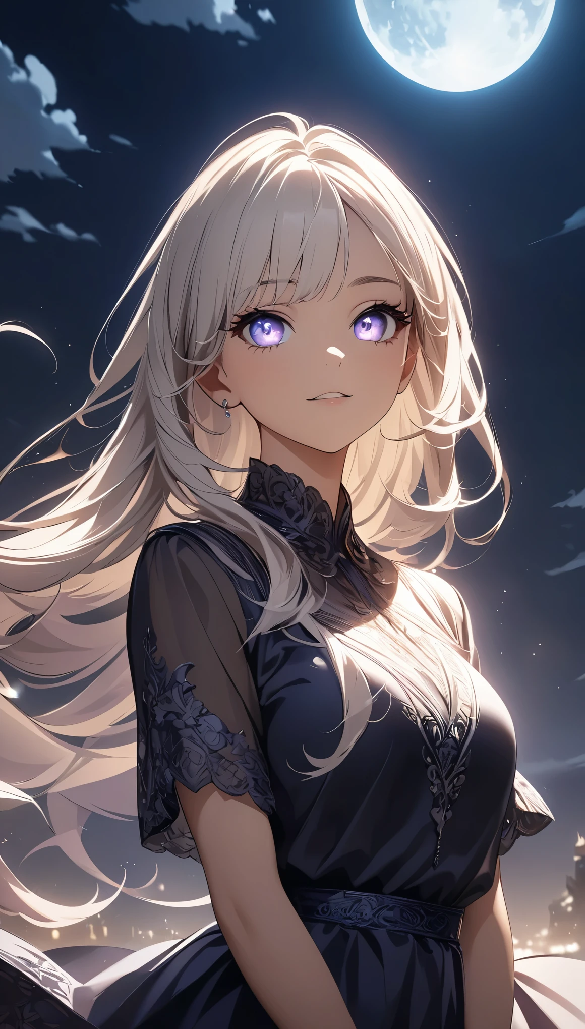 Meteor Showerを見上げる少女:1.2, Intricate details, Very detailed, Dramatic lighting, Shining Eyes, Detailed facial features, Flowing Hair, Glamorous Dress, Mysterious atmosphere, Meteor Shower, Night Sky, (Fluttering in the wind), Swoop, View from below, Fantasy, Dramatic lighting, Volumetric lighting, movie, Chiaroscuro, Dramatic Shadows, Moody, A calming color palette, Chiaroscuro, Blue Hour, (Best Quality:1.2, Very detailed, Anime Style, Detailed CG illustration, Ultra-high resolution, High Contrast, masterpiece:1.2, Best aesthetics).