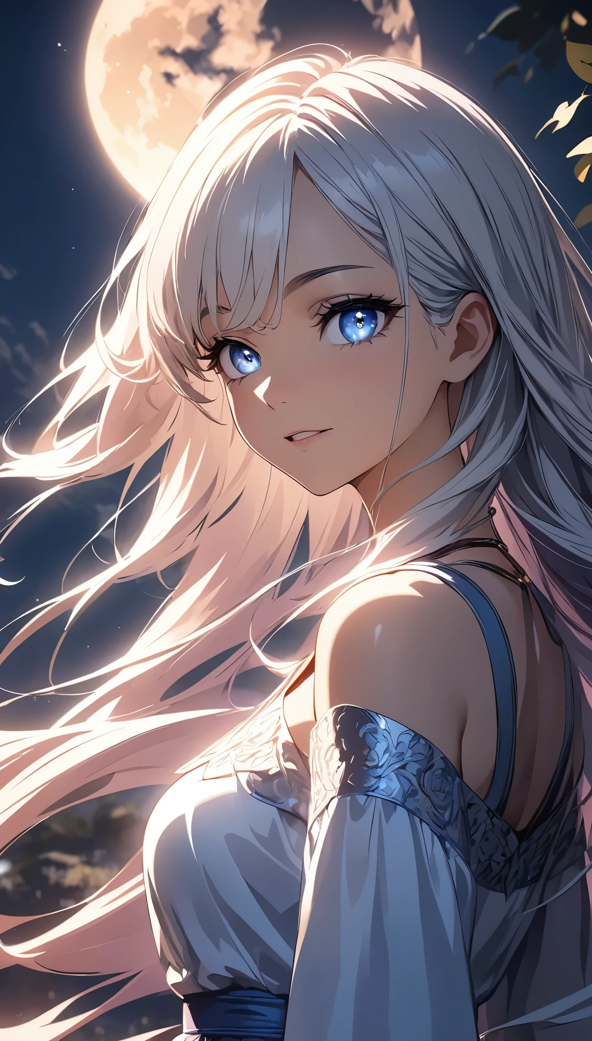 Meteor Showerを見上げる少女:1.2, Intricate details, Very detailed, Dramatic lighting, Shining Eyes, Detailed facial features, Flowing Hair, Glamorous Dress, Mysterious atmosphere, Meteor Shower, Night Sky, (Fluttering in the wind), Swoop, View from below, Fantasy, Dramatic lighting, Volumetric lighting, movie, Chiaroscuro, Dramatic Shadows, Moody, A calming color palette, Chiaroscuro, Blue Hour, (Best Quality:1.2, Very detailed, Anime Style, Detailed CG illustration, Ultra-high resolution, High Contrast, masterpiece:1.2, Best aesthetics).