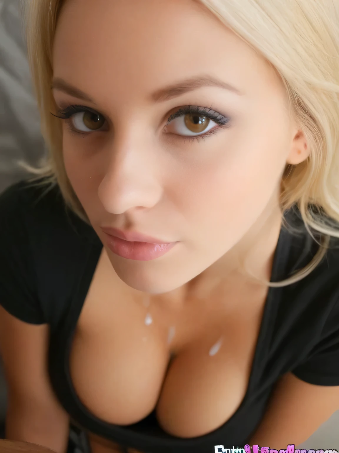  beautiful girl, 20 years old, blonde, brown eyes, , (((supermodel face))), no makeup, bedroom, ( sexy black t-shirt with cleavage), , ((thin pointy nose, thin face)), close up breast and face, small breast, BigDickDanDQuiron style cum, grabbing penis, ((TANNED))