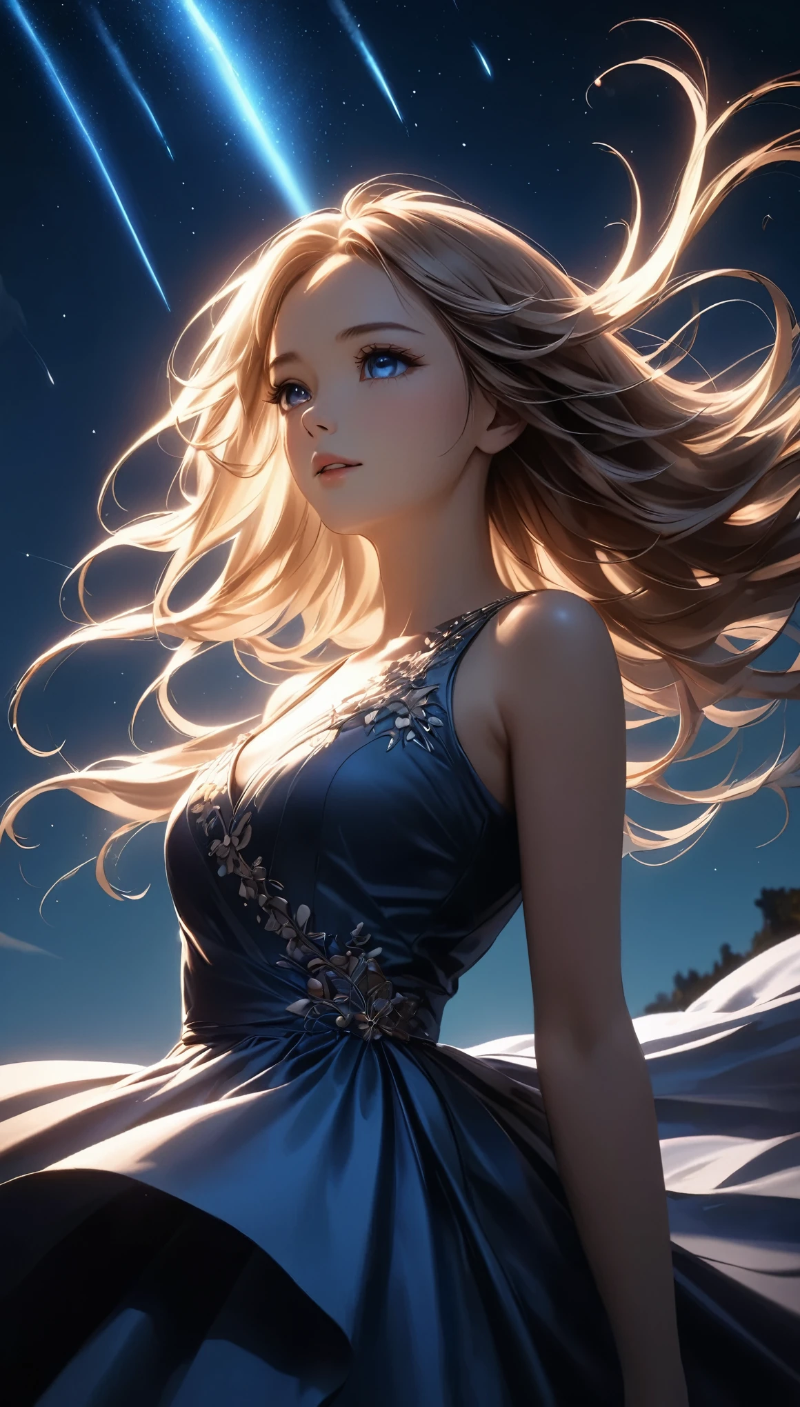 Meteor Showerを見上げる少女:1.2, Intricate details, Very detailed, Dramatic lighting, Shining Eyes, Detailed facial features, Flowing Hair, Glamorous Dress, Mysterious atmosphere, Meteor Shower, Night Sky, (Fluttering in the wind), Swoop, View from below, Fantasy, Dramatic lighting, Volumetric lighting, movie, Chiaroscuro, Dramatic Shadows, Moody, A calming color palette, Chiaroscuro, Blue Hour, (Best Quality:1.2, Very detailed, Anime Style, Detailed CG illustration, Ultra-high resolution, High Contrast, masterpiece:1.2, Best aesthetics).