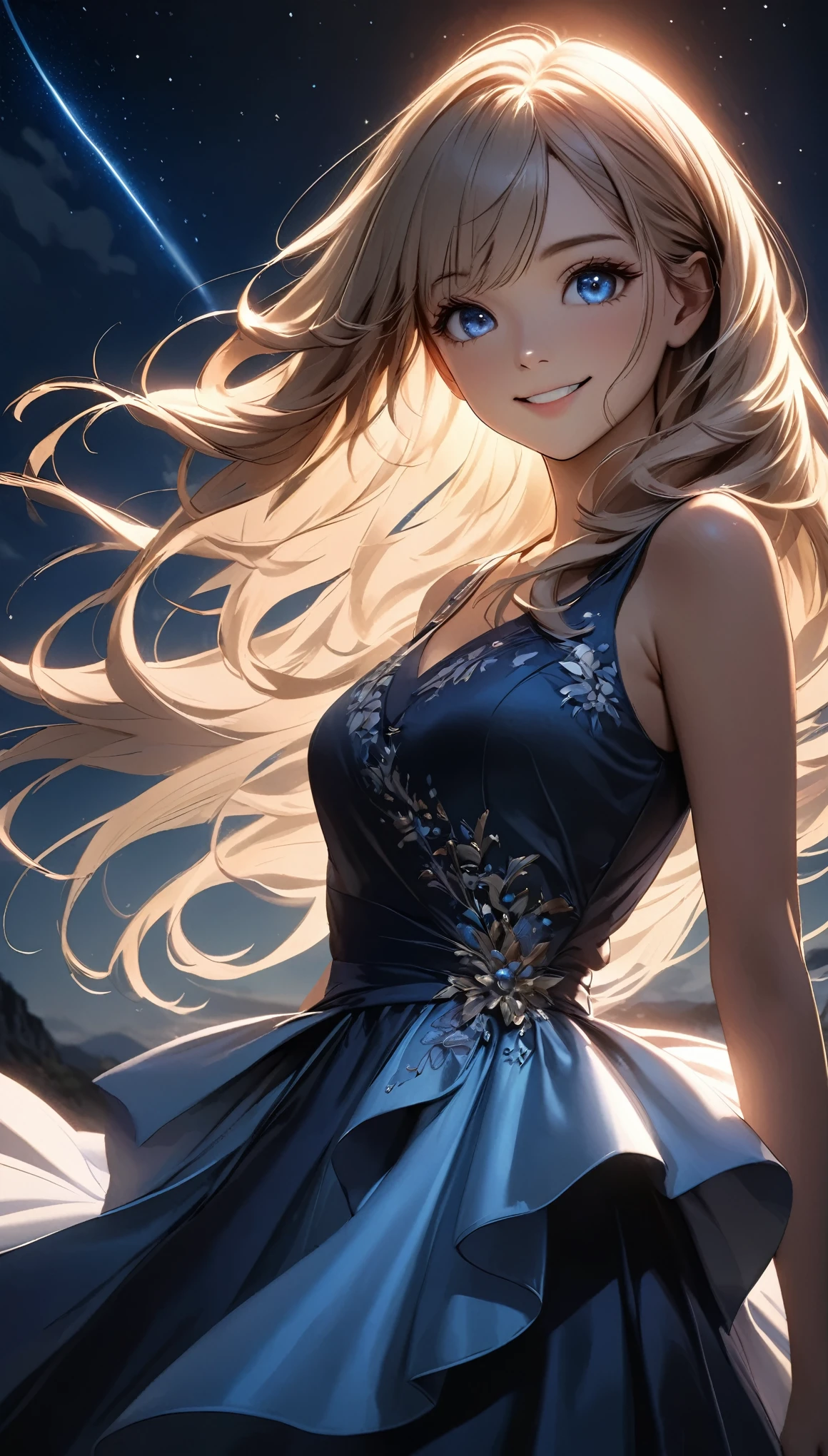 Meteor Showerを見上げる少女:1.2, Intricate details, Very detailed, Dramatic lighting, Shining Eyes, Detailed facial features, Flowing Hair, Glamorous Dress, Mysterious atmosphere, Meteor Shower, Night Sky, (Fluttering in the wind), Swoop, View from below, Fantasy, Dramatic lighting, Volumetric lighting, movie, Chiaroscuro, Dramatic Shadows, Moody, A calming color palette, Chiaroscuro, Blue Hour, (Best Quality:1.2, Very detailed, Anime Style, Detailed CG illustration, Ultra-high resolution, High Contrast, masterpiece:1.2, Best aesthetics).