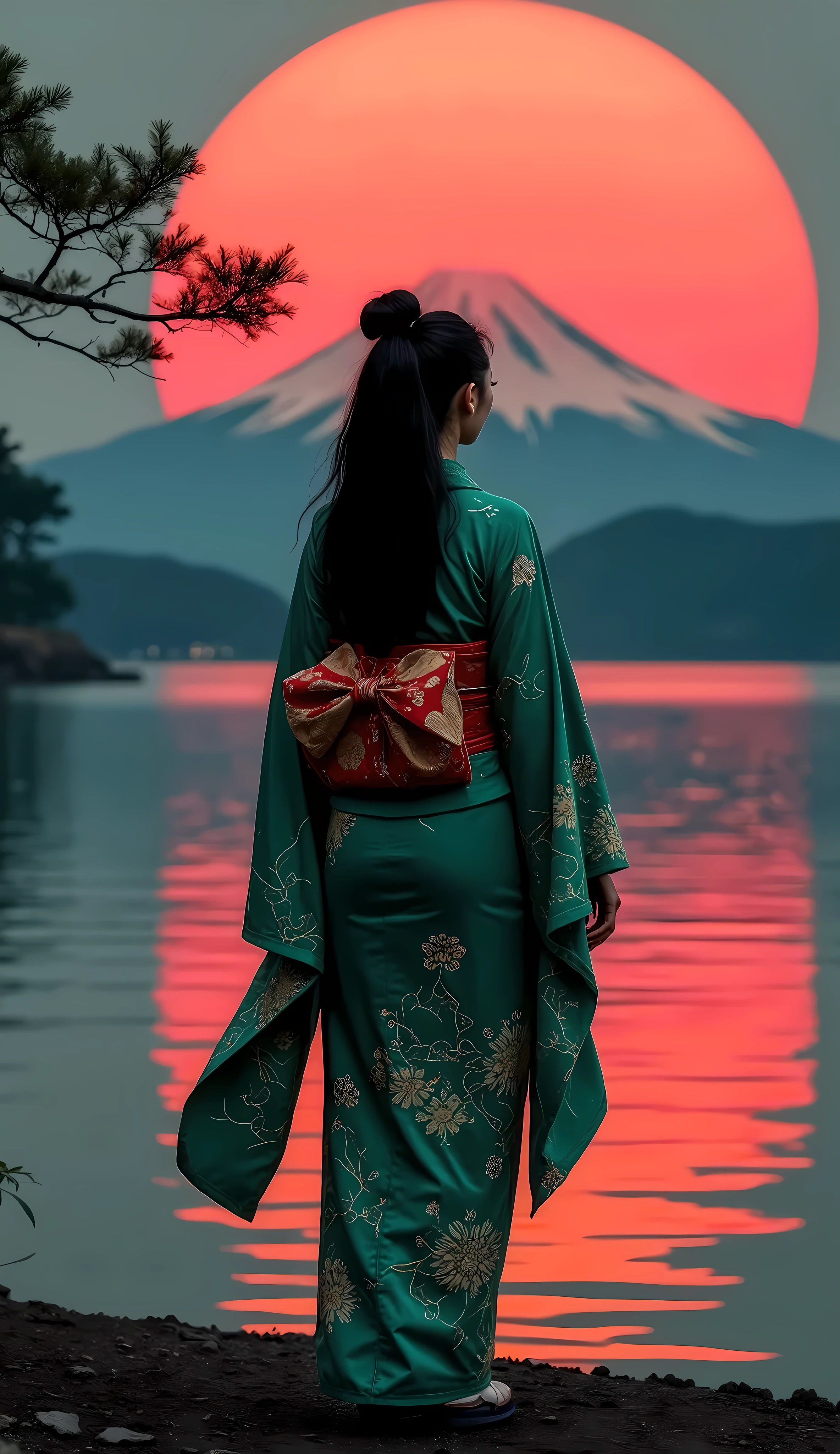 Attractive woman, Alone, Black-haired beauty, Healthy glowing skin, Wearing a Japanese kimono, Green luxury fabric, Kyoto Yuzen, Inverted Mt. Fuji reflected on the lake surface, Holographic coating creates artistic illusion, Red Moon, Moonlight bathing with a moody feel, Aesthetics that stop the viewer&#39;s breath