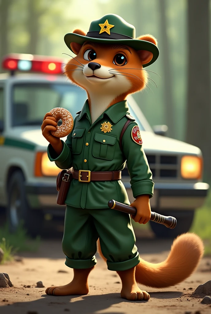 “An anthropomorphic weasel dressed in the iconic green uniform of a United States forest ranger, standing confidently in the foreground. The weasel is holding a donut in one hand and a baton in the other, with a playful yet authoritative stance. The forest ranger uniform includes detailed patches and a ranger hat, while the weasel’s facial features show a mix of sharpness and charm. In the background, a forest patrol vehicle is parked, adding depth to the scene. The vehicle is detailed with official markings and lights, blending into the forested environment. Focus on high-detail textures for the fur of the weasel, the folds of the uniform, and the reflective surfaces of the patrol vehicle. The scene should capture a balance between the comical and the official, creating an immersive and visually dynamic composition.”
Artists: Aaron Blaise, Glen Keane, William Joyce
Trigger Words: “Anthropomorphic, Ranger uniform, Patrol vehicle, Comical authority”