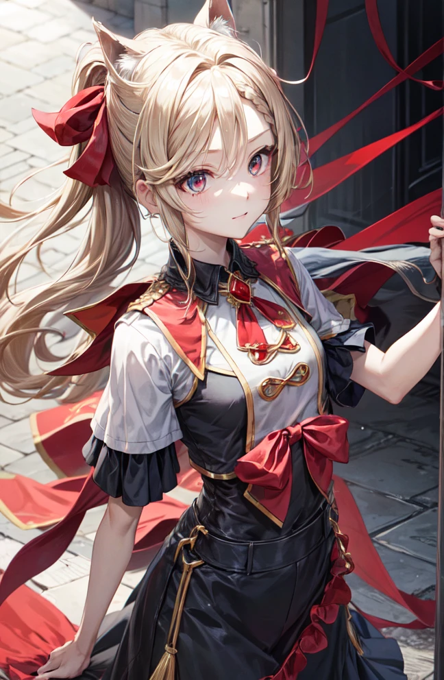 Light blonde、Red Eyes、ponytail、Black dress、Red ribbon