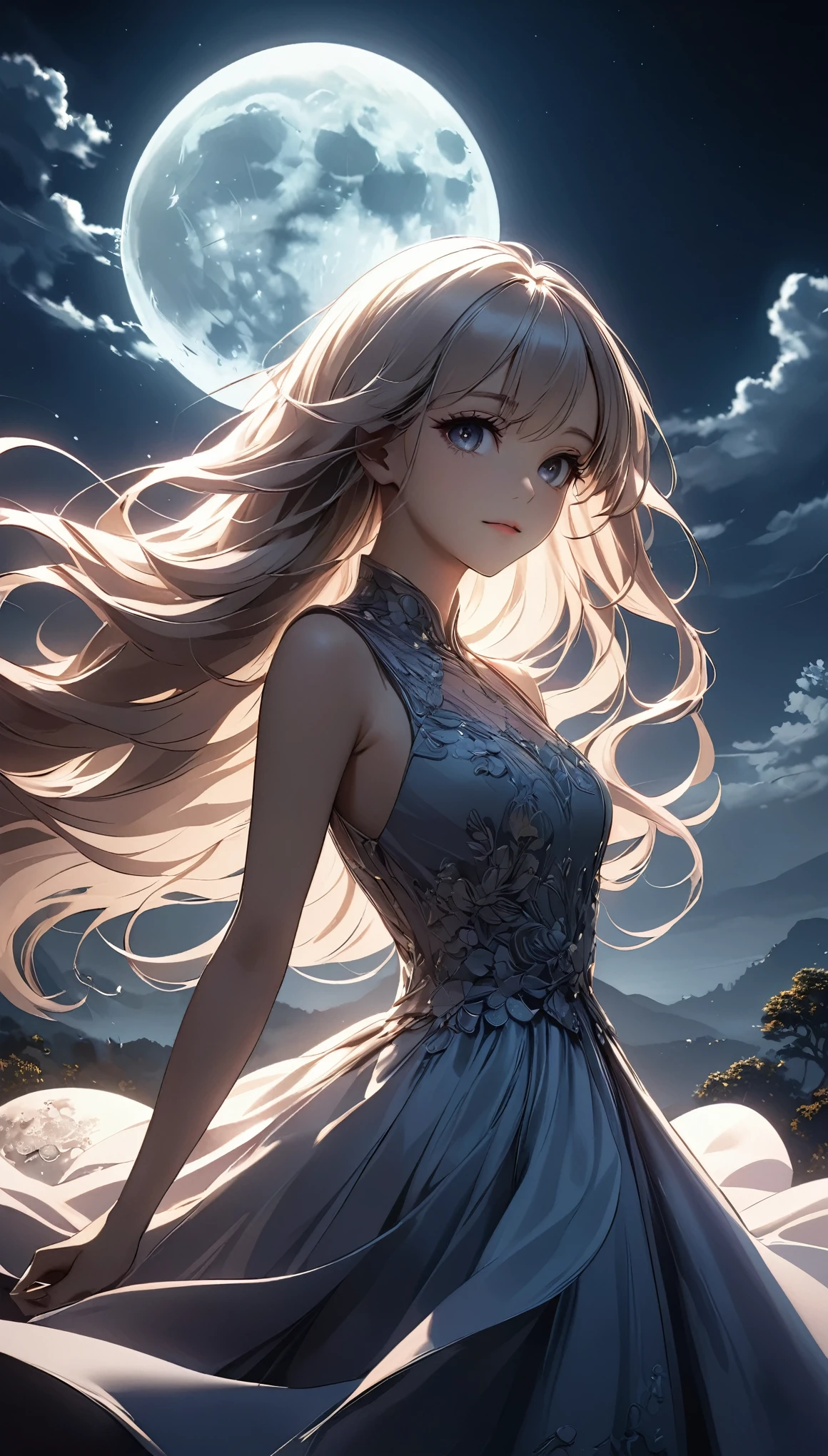 Meteor Showerを見上げる少女:1.2, Intricate details, Very detailed, Dramatic lighting, Shining Eyes, Detailed facial features, Flowing Hair, Glamorous Dress, Mysterious atmosphere, Meteor Shower, Night Sky, (Fluttering in the wind), Swoop, View from below, Fantasy, Dramatic lighting, Volumetric lighting, movie, Chiaroscuro, Dramatic Shadows, Moody, A calming color palette, Chiaroscuro, Blue Hour, (Best Quality:1.2, Very detailed, Anime Style, Detailed CG illustration, Ultra-high resolution, High Contrast, masterpiece:1.2, Best aesthetics).