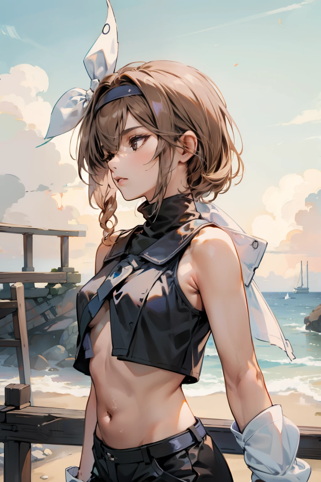 One Woman、 Beautiful silver hair、((((Very short hair))))、(hair band)、French Braid、Sky blue eyes、Beautiful Eyes、(((Blunt bangs))), ((Medium Chest)), 24-years-old、 (tsurime), (dark brown skin:1.8), Tight waist, sleeveless top, daisy duke shorts,In a seaside alley lined with palm trees、Shallow depth of field