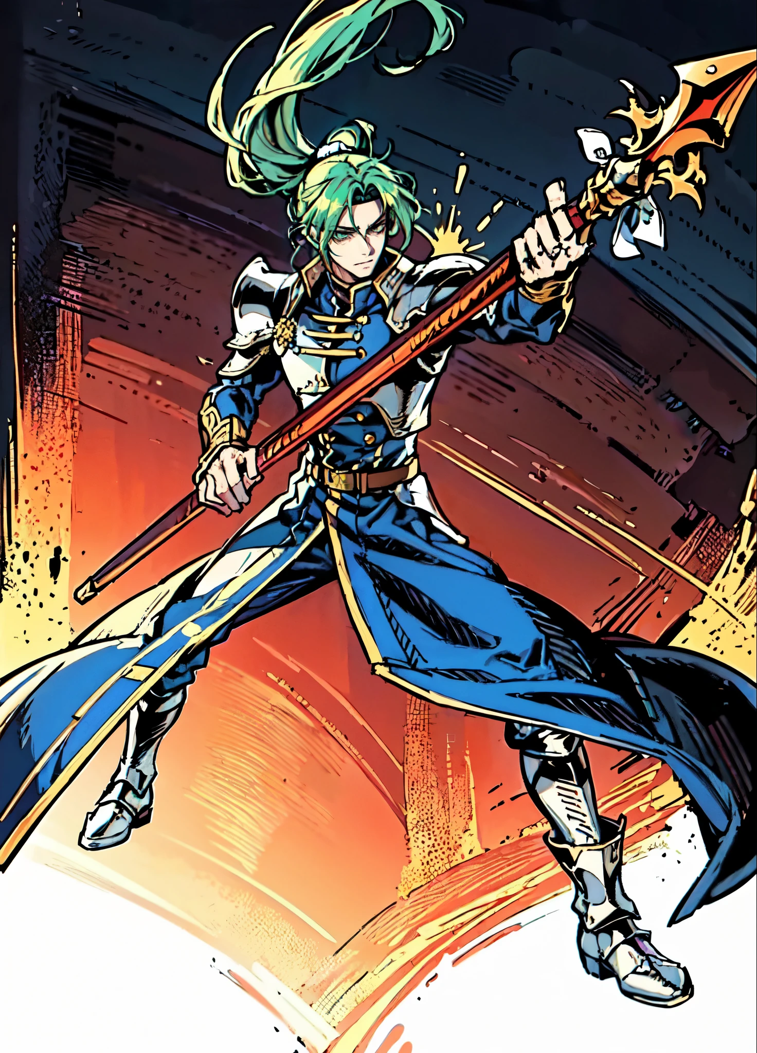 (masterpiece:1.2, best quality:1.2, extremely delicate:1.2), ((male:1.5)), a young man with long, flowing emerald-green hair tied in a ponytail, parted bangs, wearing a headband, a handsome face, sharp eyes, a serious expression, slender and tall build, a yellow and blue leather armor long coat in a fantasy martial arts style, a large triangular-decorated belt, flowing long hem, matching trousers, shin guards, battle boots, grips an indigo spear adorned with iron rings, striking a combat pose against an army, this character embodies a finely crafted fantasy martial arts style spear fighter in anime style, exquisite and mature manga art style, dramatic, high definition, highres, ultra-detailed, ultra-fine painting, professional, perfect body proportions, golden ratio, anatomically correct, symmetrical face, extremely detailed eyes and face, high quality eyes, creativity, RAW photo, UHD, 32k, Natural light, cinematic lighting, (masterpiece-anatomy-perfect:1.2)