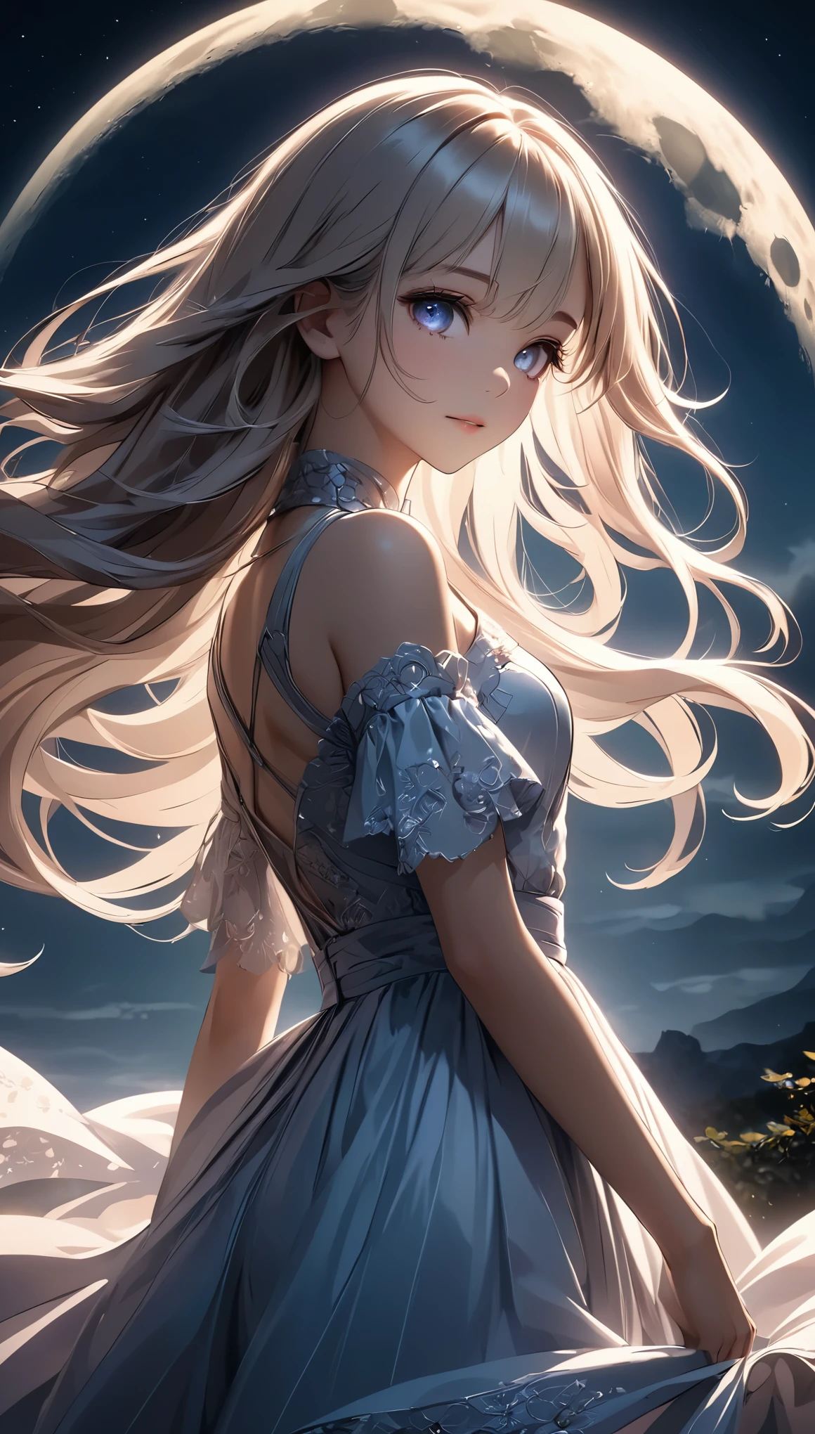 Meteor Showerを見上げる少女:1.2, Intricate details, Very detailed, Dramatic lighting, Shining Eyes, Detailed facial features, Flowing Hair, Glamorous Dress, Mysterious atmosphere, Meteor Shower, Night Sky, (Fluttering in the wind), Swoop, View from below, Fantasy, Dramatic lighting, Volumetric lighting, movie, Chiaroscuro, Dramatic Shadows, Moody, A calming color palette, Chiaroscuro, Blue Hour, (Best Quality:1.2, Very detailed, Anime Style, Detailed CG illustration, Ultra-high resolution, High Contrast, masterpiece:1.2, Best aesthetics).