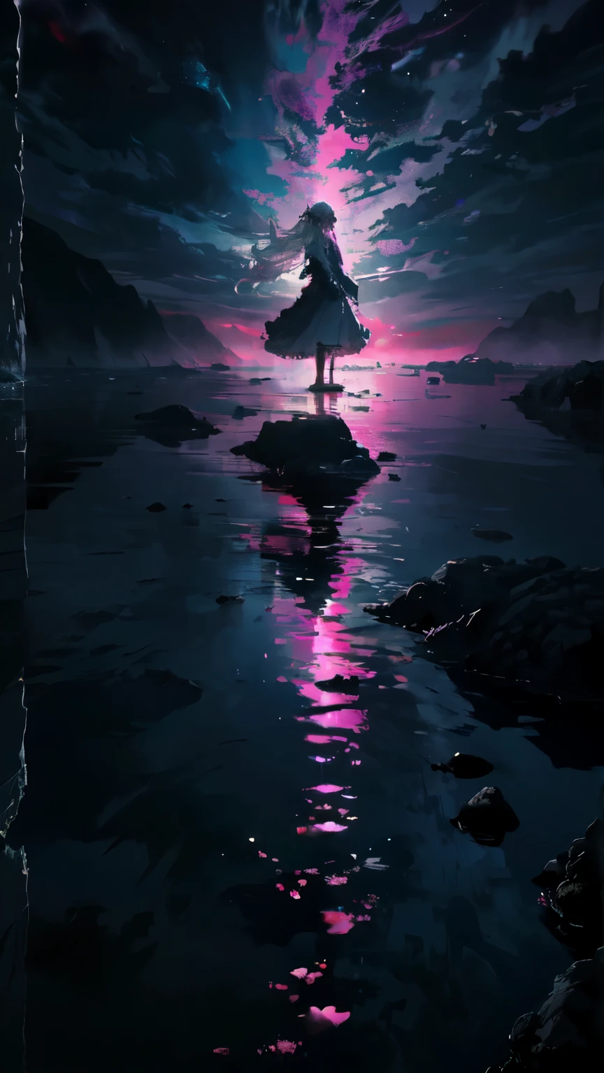 highest quality, 8k, UHD, extreme resolution, 1girl, hair bobbles, silver tiara, diamonds, long hair, floating hair, (masterpiece:1.1), (highest quality:1.1), (HDR:1.0), scenic, water, dark environments, magenta theme, water, reflection, prism