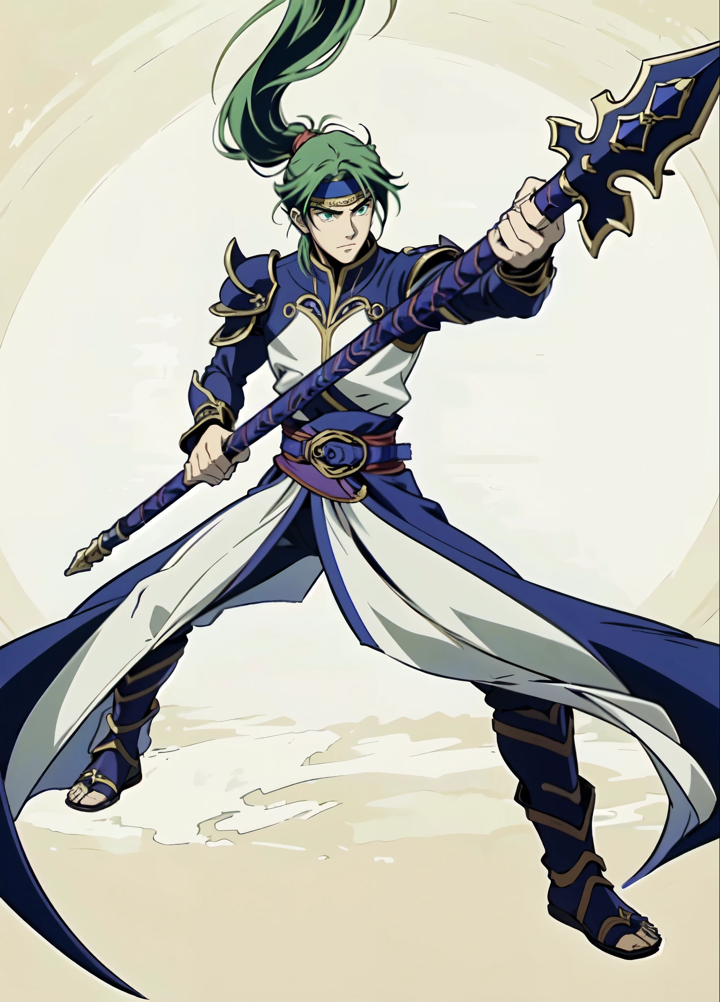 (masterpiece:1.2, best quality:1.2, extremely delicate:1.2), ((male:1.5)), a young man with long, flowing emerald-green hair tied in a ponytail, parted bangs, wearing a headband, a handsome face, sharp eyes, a serious expression, slender and tall build, a yellow and blue leather armor long coat in a fantasy martial arts style, a large triangular-decorated belt, flowing long hem, matching trousers, shin guards, battle boots, grips an indigo spear adorned with iron rings, striking a combat pose against an army, this character embodies a finely crafted fantasy martial arts style spear fighter in anime style, exquisite and mature manga art style, dramatic, high definition, highres, ultra-detailed, ultra-fine painting, professional, perfect body proportions, golden ratio, anatomically correct, symmetrical face, extremely detailed eyes and face, high quality eyes, creativity, RAW photo, UHD, 32k, Natural light, cinematic lighting, (masterpiece-anatomy-perfect:1.2)