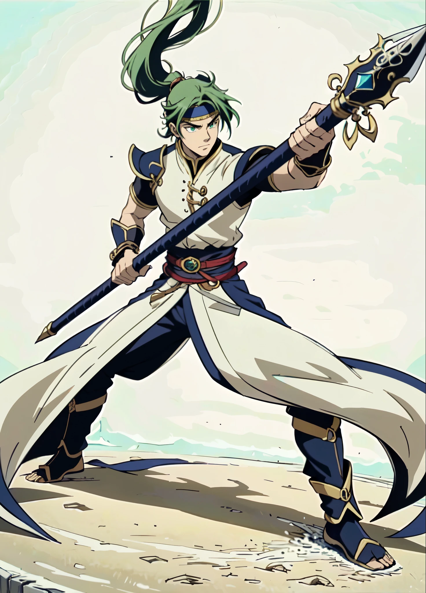 (masterpiece:1.2, best quality:1.2, extremely delicate:1.2), ((male:1.5)), a young man with long, flowing emerald-green hair tied in a ponytail, parted bangs, wearing a headband, a handsome face, sharp eyes, a serious expression, slender and tall build, a yellow and blue leather armor long coat in a fantasy martial arts style, a large triangular-decorated belt, flowing long hem, matching trousers, shin guards, battle boots, grips an indigo spear adorned with iron rings, striking a combat pose against an army, this character embodies a finely crafted fantasy martial arts style spear fighter in anime style, exquisite and mature manga art style, dramatic, high definition, highres, ultra-detailed, ultra-fine painting, professional, perfect body proportions, golden ratio, anatomically correct, symmetrical face, extremely detailed eyes and face, high quality eyes, creativity, RAW photo, UHD, 32k, Natural light, cinematic lighting, (masterpiece-anatomy-perfect:1.2)
