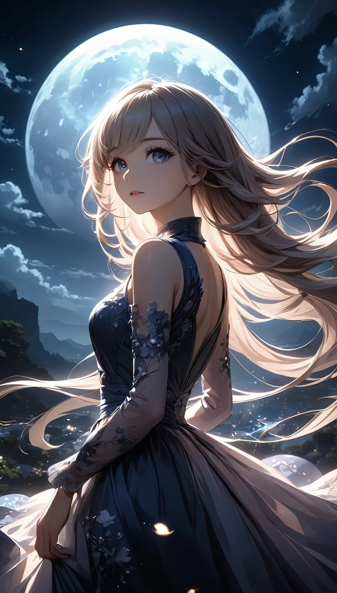 Meteor Showerを見上げる少女:1.2, Intricate details, Very detailed, Dramatic lighting, Shining Eyes, Detailed facial features, Flowing Hair, Glamorous Dress, Mysterious atmosphere, Meteor Shower, Night Sky, (Fluttering in the wind), Swoop, View from below, Fantasy, Dramatic lighting, Volumetric lighting, movie, Chiaroscuro, Dramatic Shadows, Moody, A calming color palette, Chiaroscuro, Blue Hour, (Best Quality:1.2, Very detailed, Anime Style, Detailed CG illustration, Ultra-high resolution, High Contrast, masterpiece:1.2, Best aesthetics).