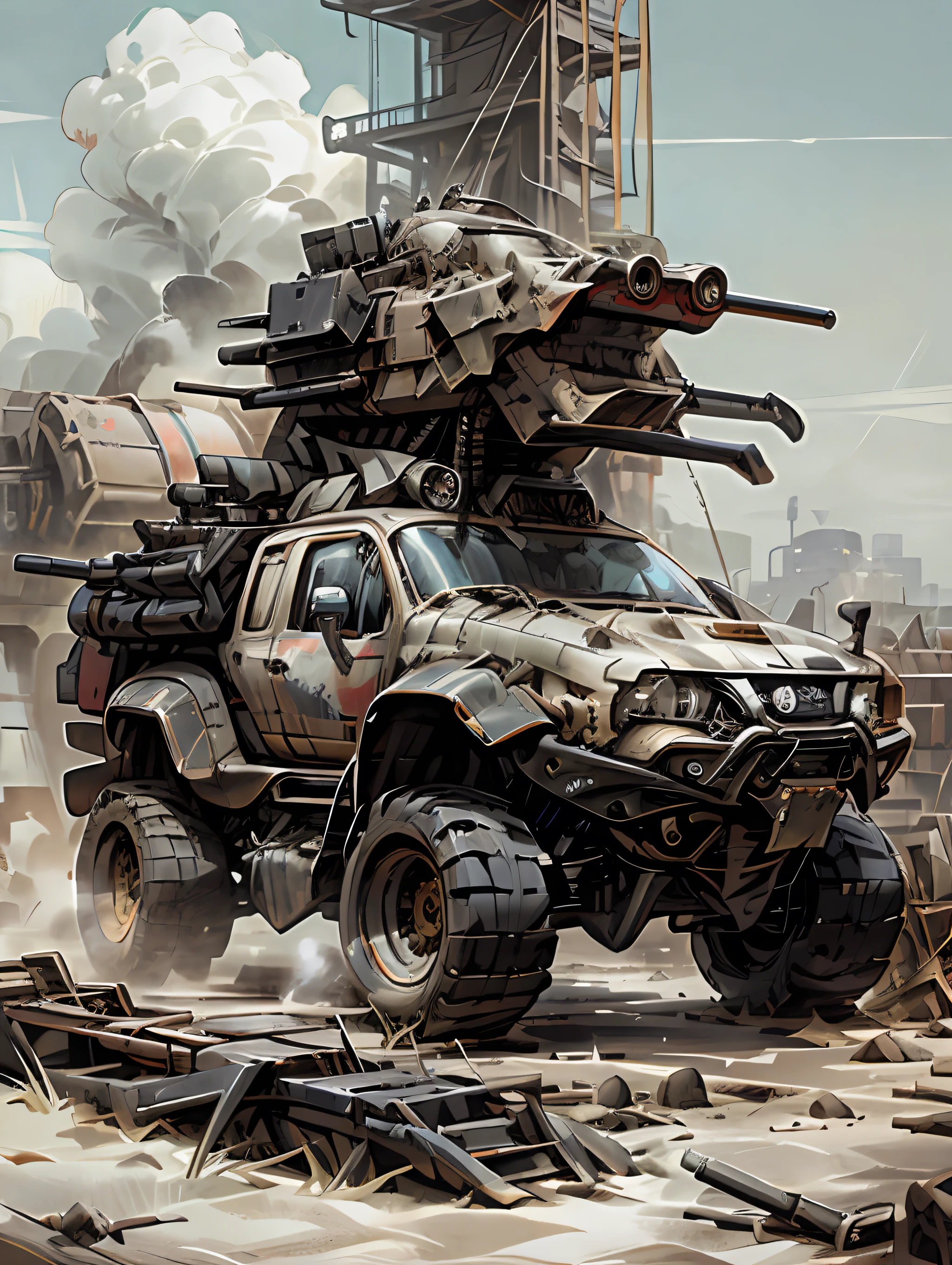 Dizerpunk, Behind him is an Araf cargo truck. (weapons, cannon, Destructive, missile, Submachine gun), Concept Art：Alexander Kobzdej, DeviantArt, 自己Destructive芸術, Packed with alien military equipment, 終末weaponsとmissileを搭載した軍用輸送プラットフォーム, Mad Max Style, polished and intricate state-of-the-art military vehicle, Heavy Armor, Mechanical Transport,  Futuristic vehicles, Concept car with surprising apocalyptic adaptations, vehicle, Full Armor, Redneck, perfect combination of war vehicle, Technology and Science, ((((Very detailed, Finely tuned、Defined, Finely detailed, Very complicated,